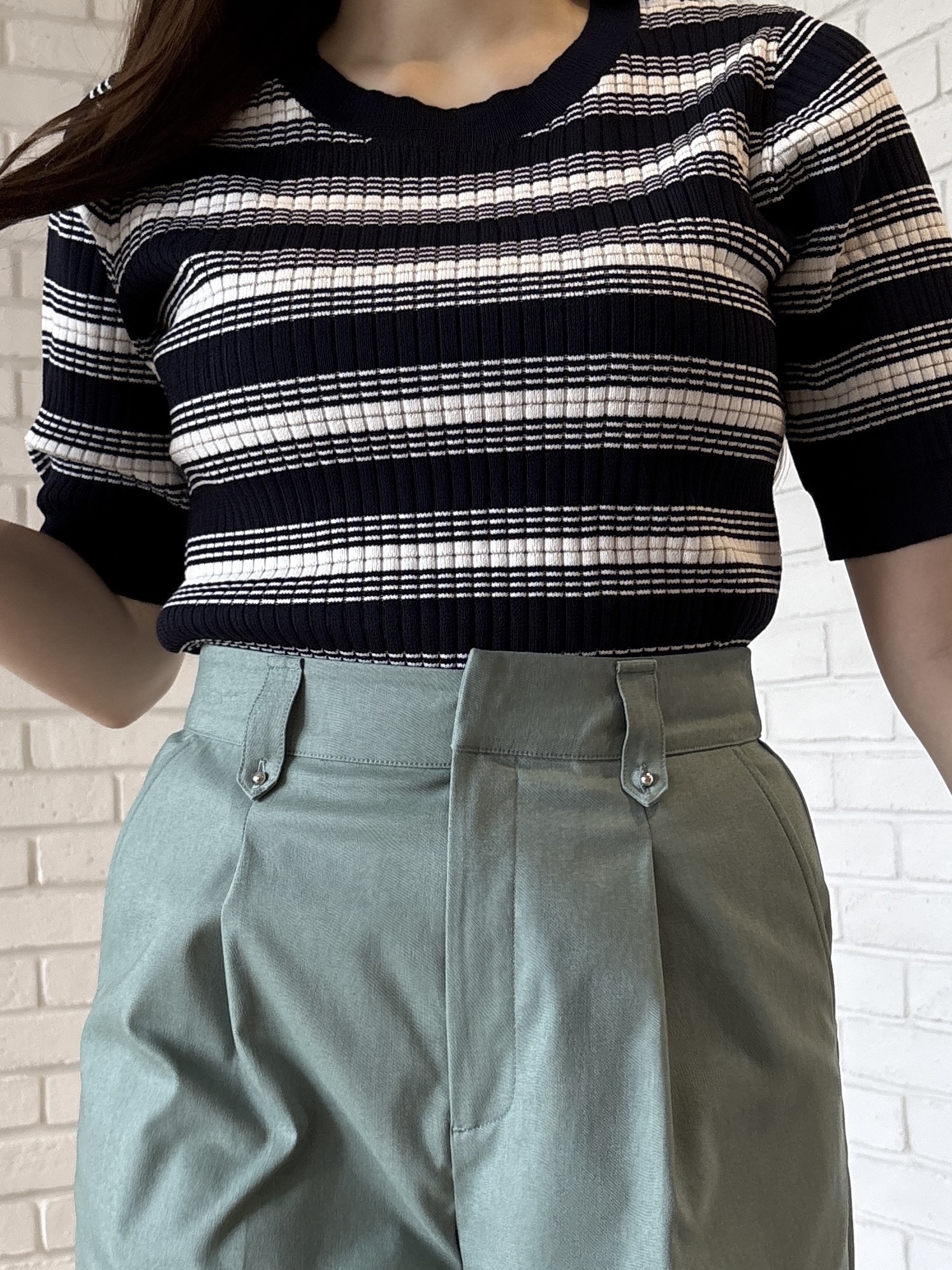 sayaさんの「grove｜【洗濯機OK・UVカット】マルチボーダーニットプルオーバー」を使ったコーディネート