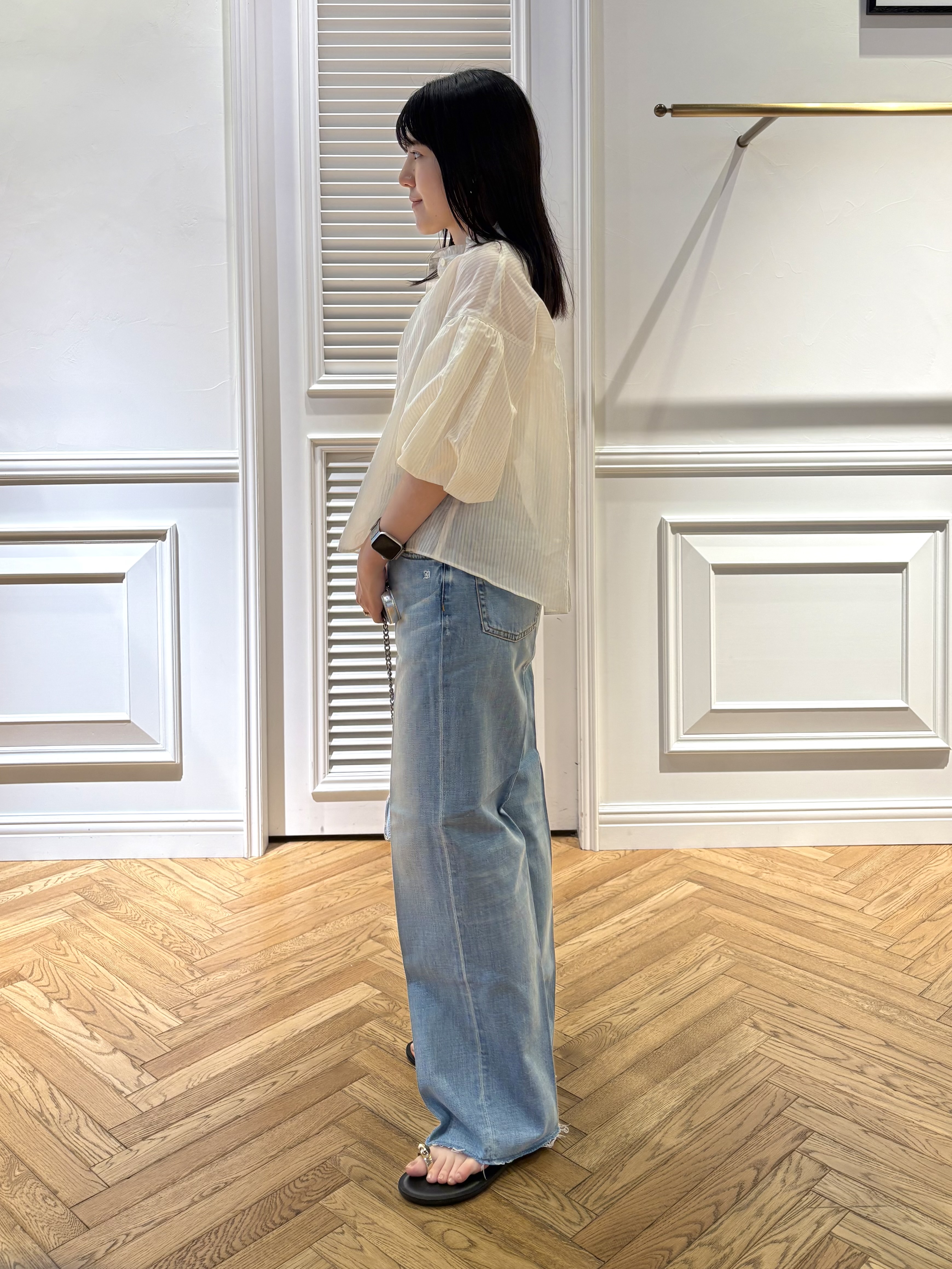 cocoさんの「DRESSTERIOR｜【1枚で着映え/ウォッシャブル】ストライプスタンドフリルボリュームスリーブブラウス」を使ったコーディネート