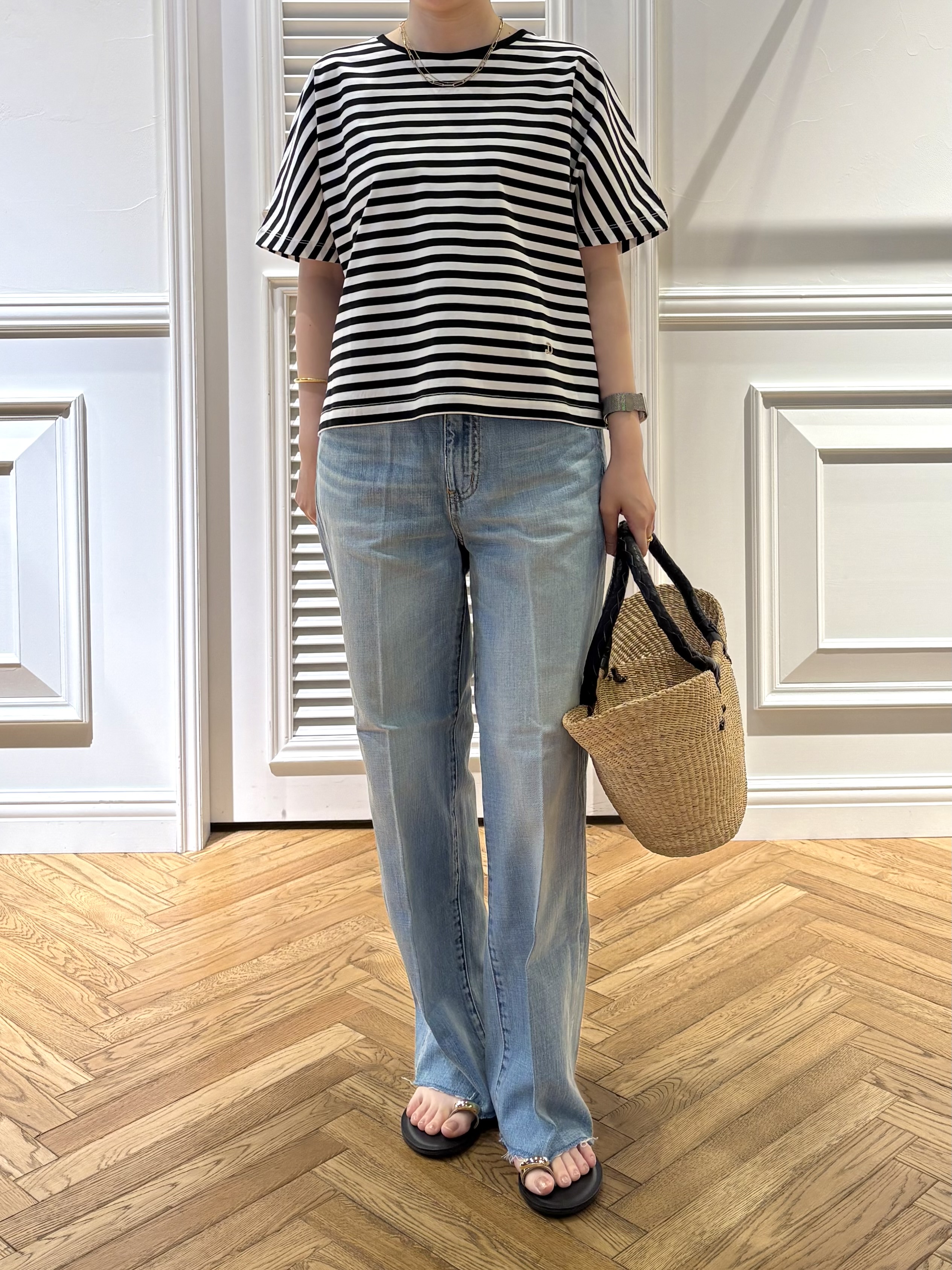 cocoさんの「DRESSTERIOR｜【接触冷感／抗菌防臭／消臭】アイスクリアコットンドルマンスリーブボーダーTシャツ」を使ったコーディネート