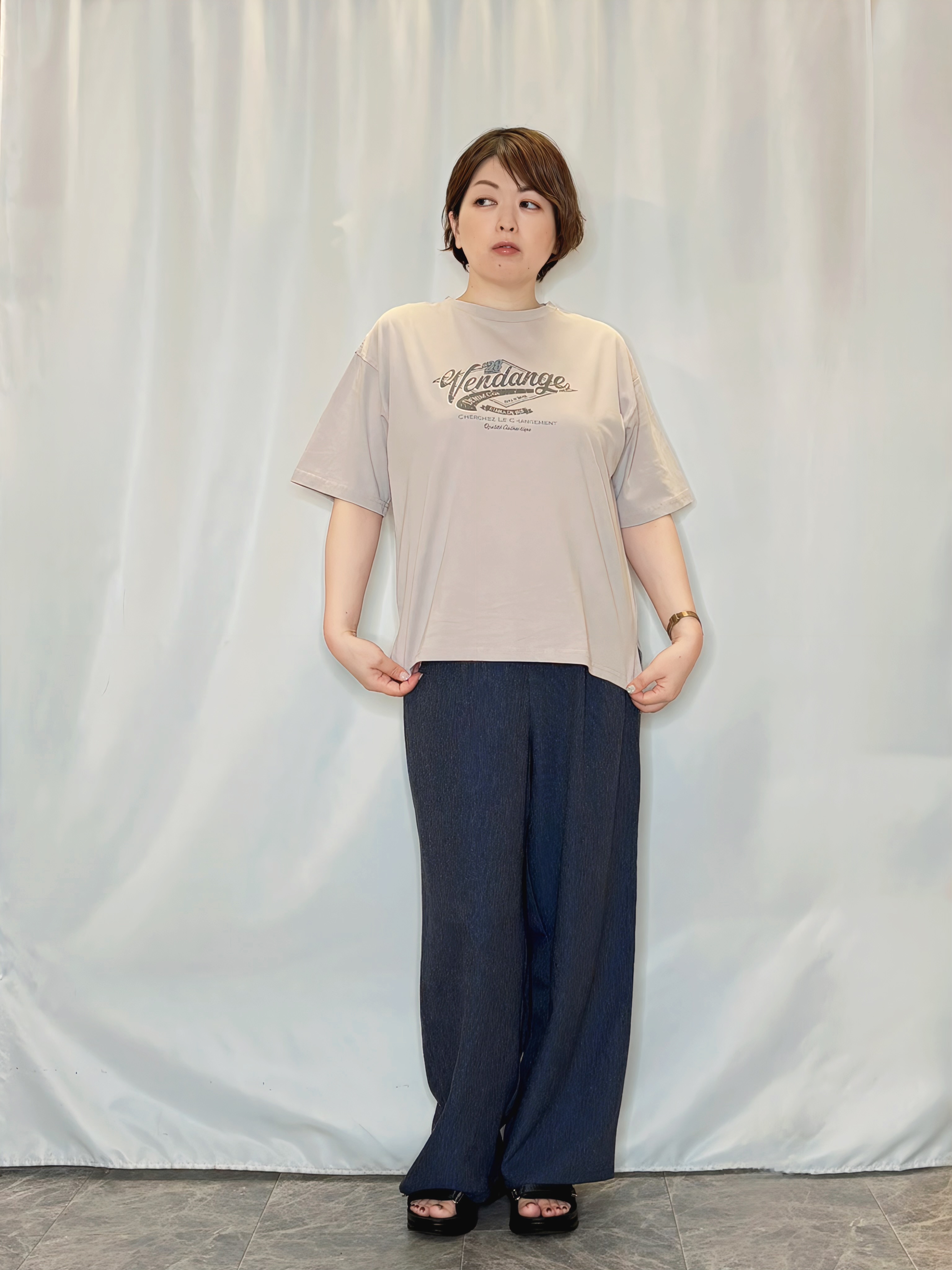 たみさんの「SHOO･LA･RUE｜【ひんやり/吸水速乾/セットアップ可】羽織るだけで主役になる サッカーストライプシャツジャケット」を使ったコーディネート