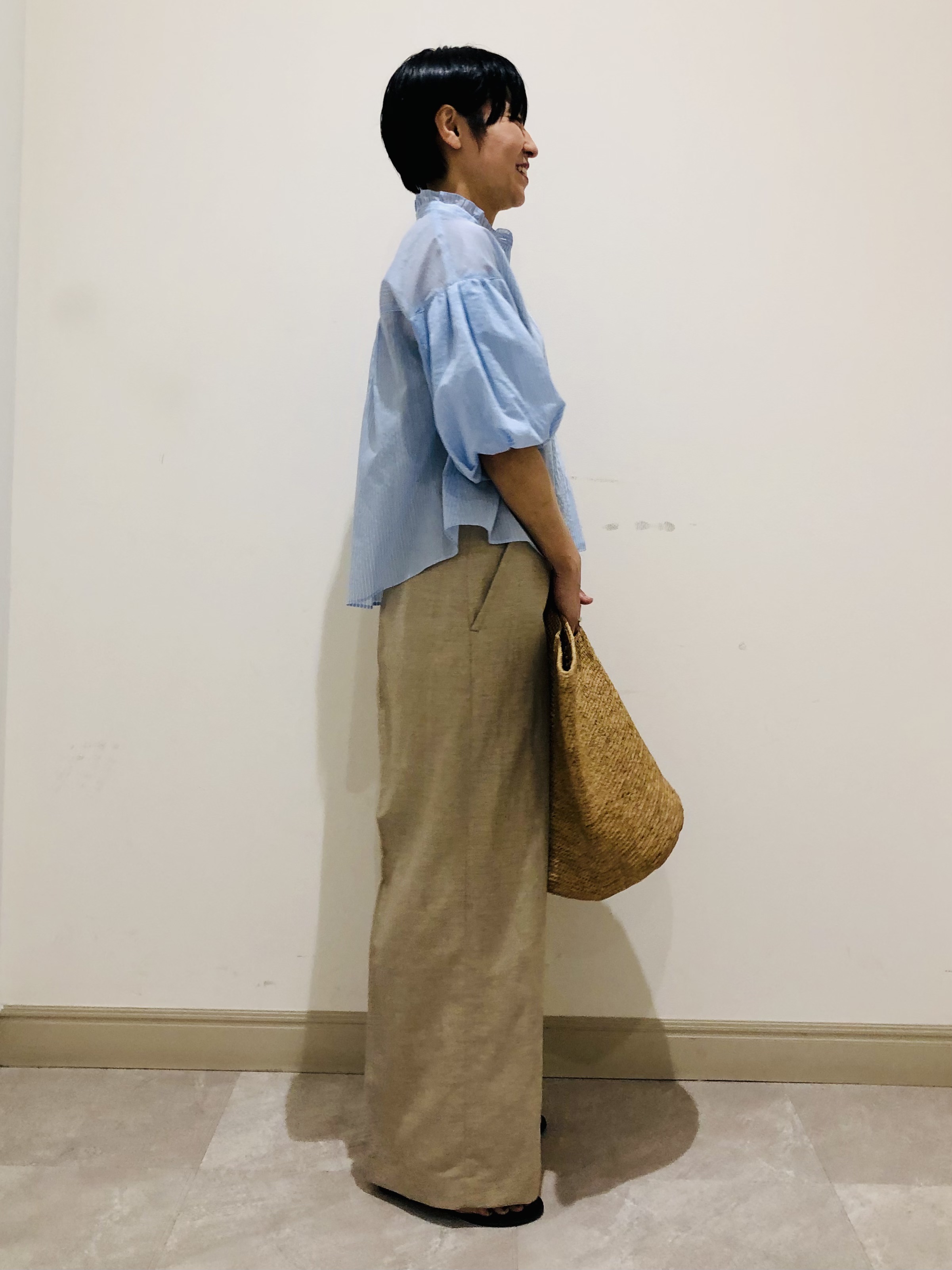 OGATAさんの「DRESSTERIOR｜【1枚で着映え/ウォッシャブル】ストライプスタンドフリルボリュームスリーブブラウス」を使ったコーディネート