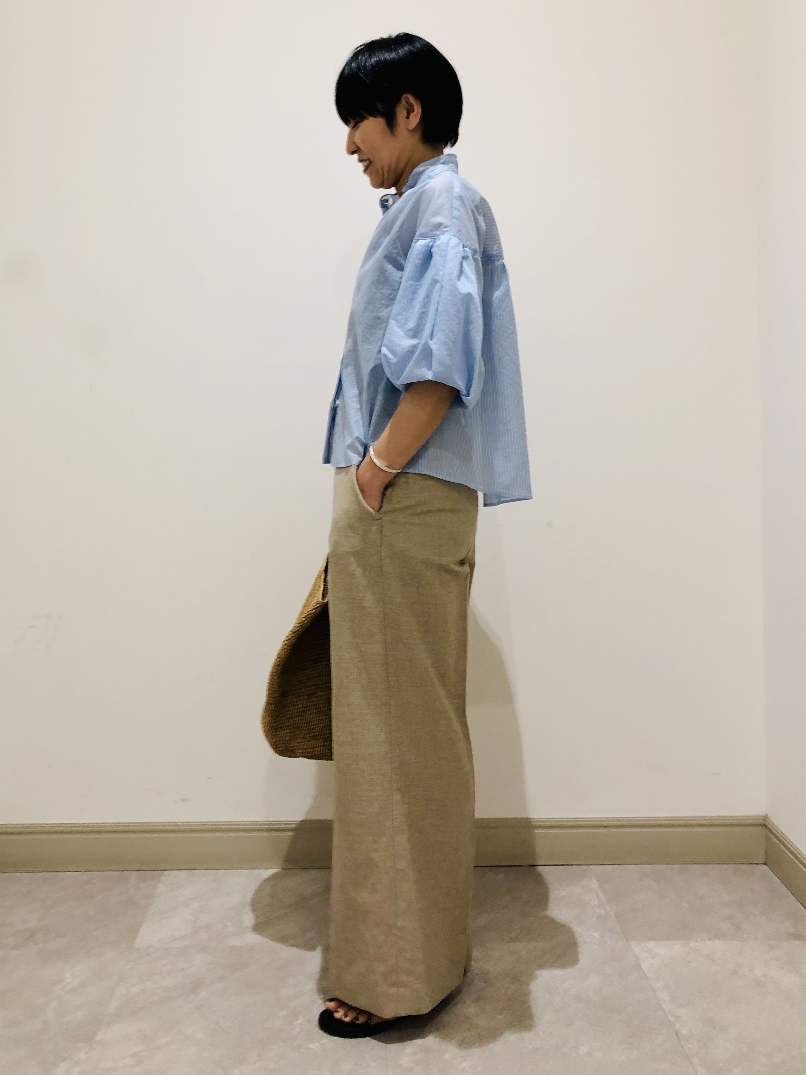 OGATAさんの「DRESSTERIOR｜【1枚で着映え/ウォッシャブル】ストライプスタンドフリルボリュームスリーブブラウス」を使ったコーディネート