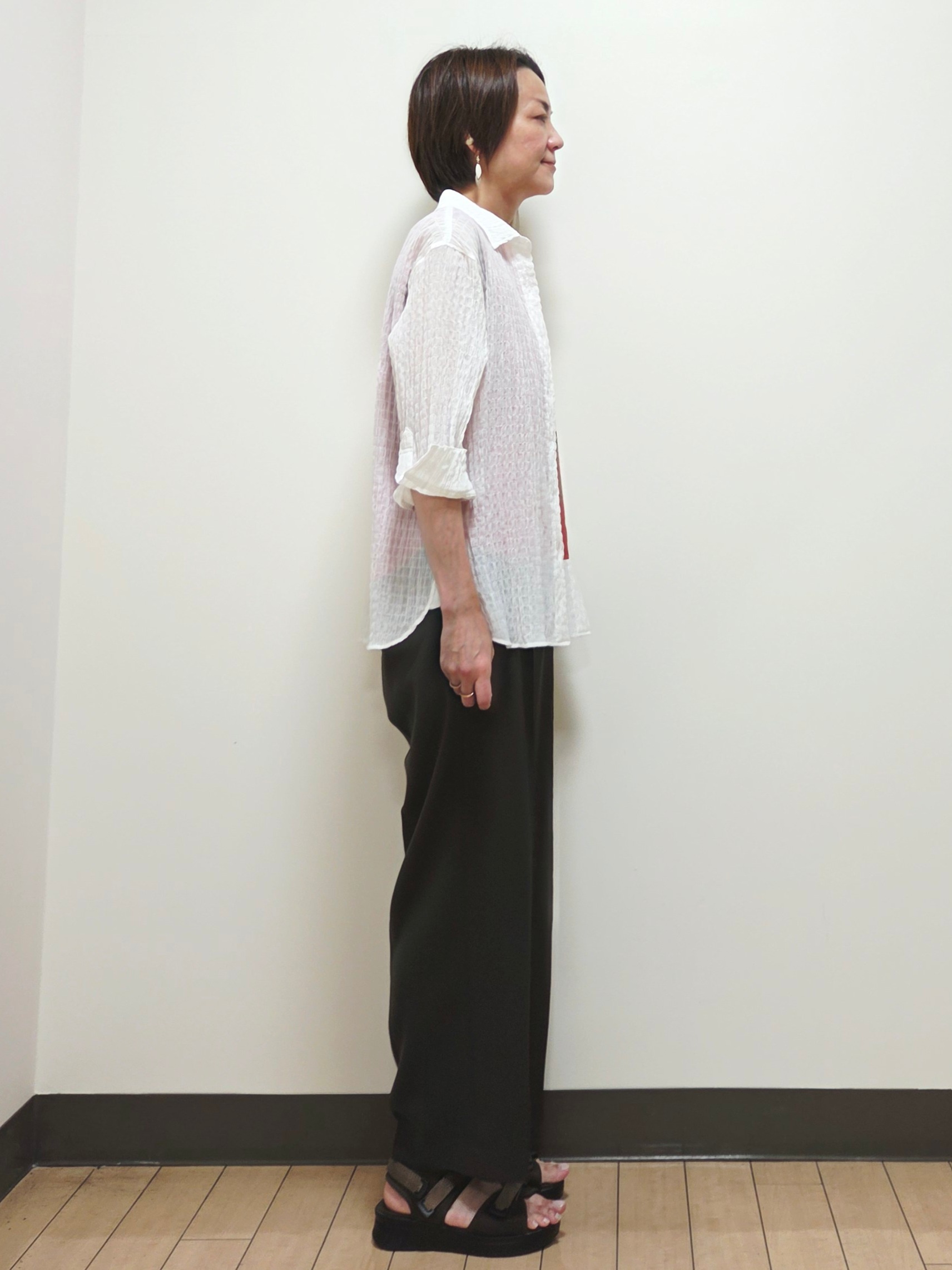 yuuさんの「Reflect｜【羽織にも◎／セットアップ可】八分袖シアーシャツ」を使ったコーディネート