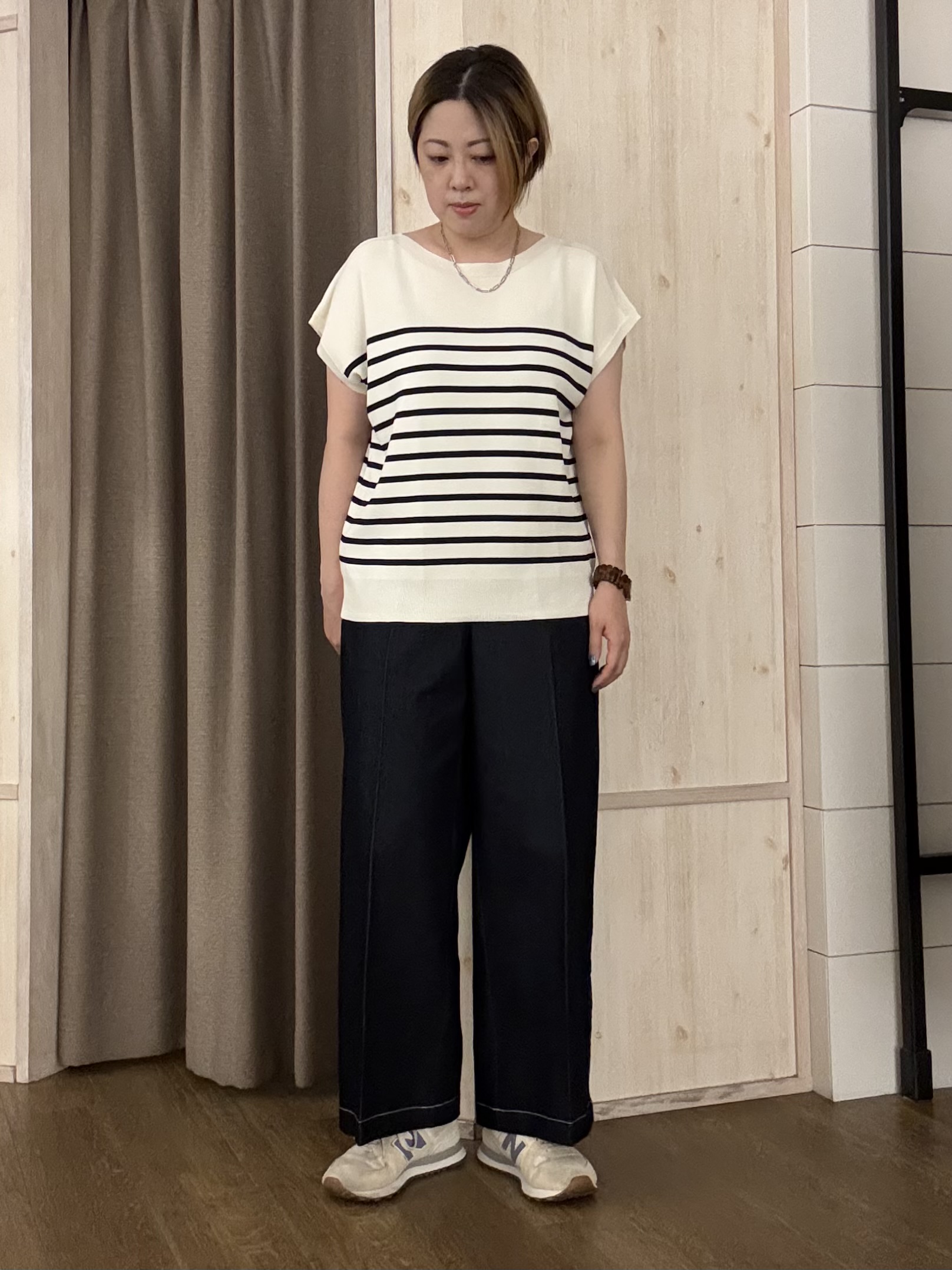 aiさんの「THE SHOP TK｜【S-XL/ひんやりタッチ】多機能フレンチスリーブニット 洗濯機OK/UVケア/毛玉になりにくい」を使ったコーディネート