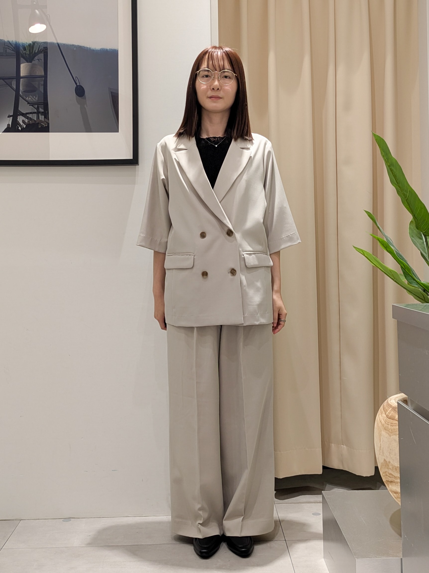 なめさんの「THE SHOP TK｜【セットアップ可】麻調ダブルブレスト 6分袖ジャケット」を使ったコーディネート