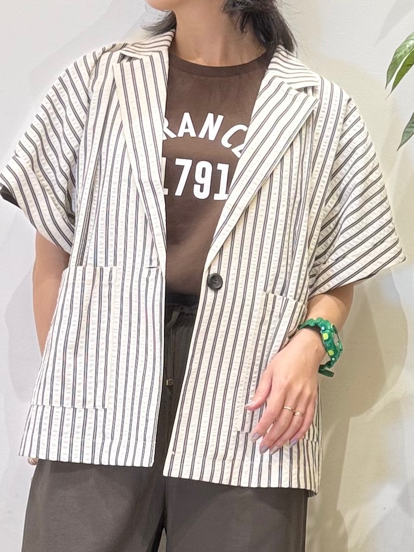 misakiさんの「SHOO･LA･RUE｜【ひんやり/吸水速乾/セットアップ可】羽織るだけで主役になる サッカーストライプシャツジャケット」を使ったコーディネート