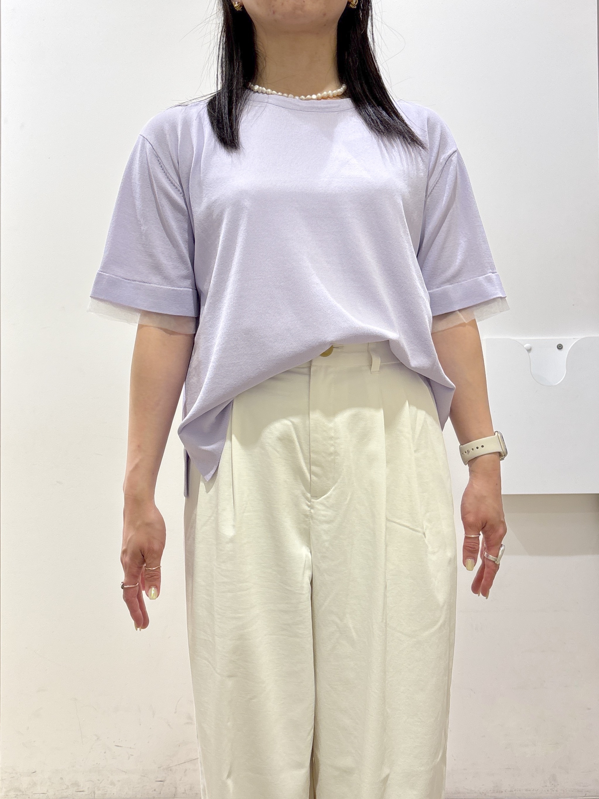mameさんの「index｜【UV／接触冷感／抗ピル】シアー＆レイヤード風さらりニット《洗濯機OK》」を使ったコーディネート