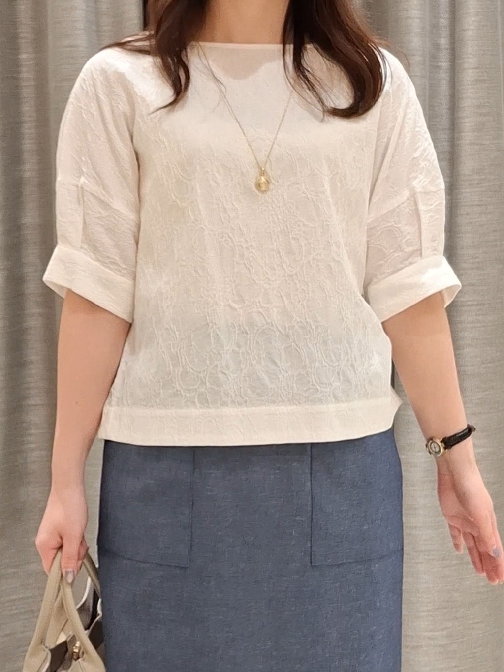 YuKaRiさんの「UNTITLED｜【洗える/ショート丈】ジャカードボートネックブラウス」を使ったコーディネート