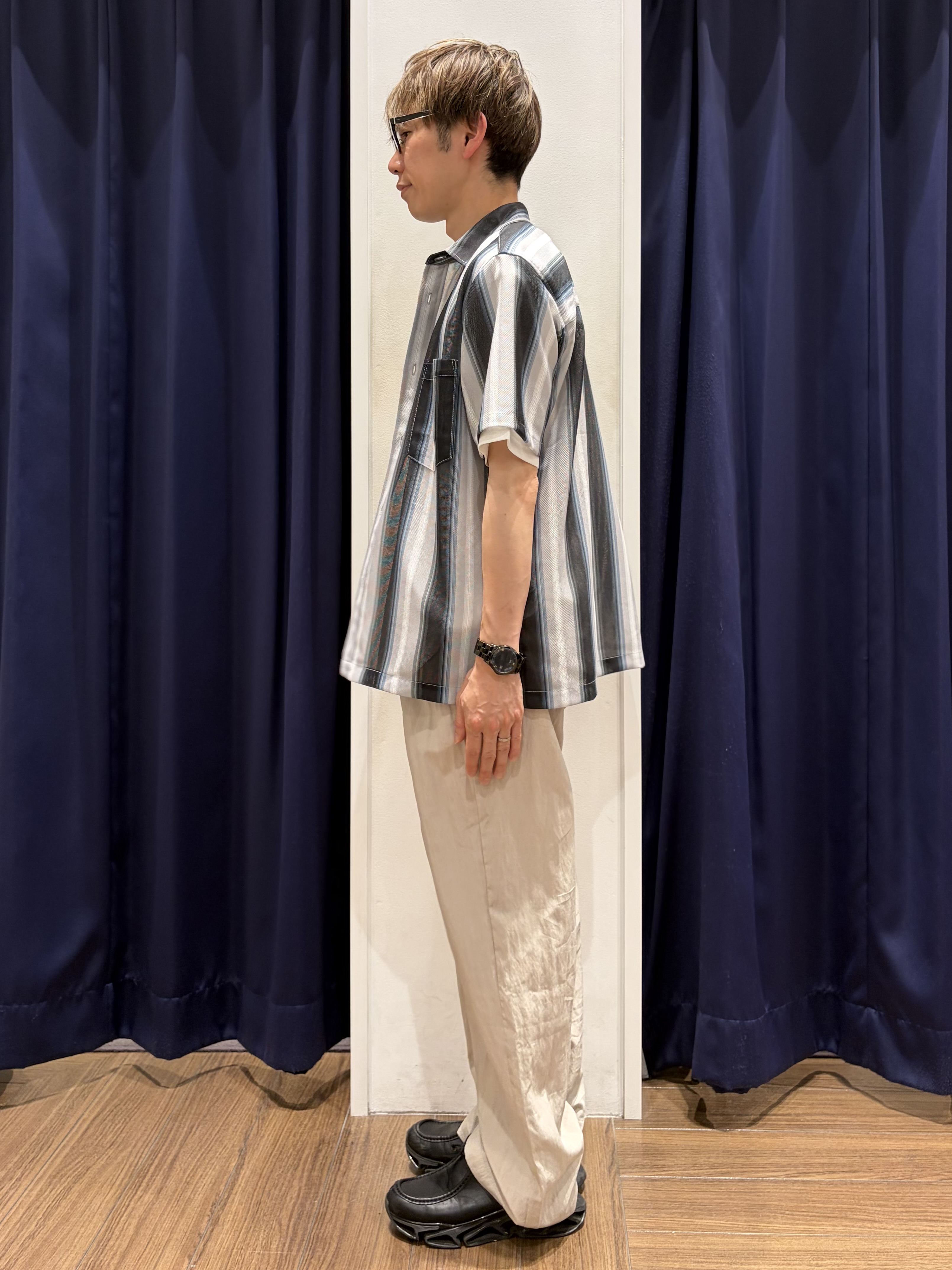 つーじーさんの「THE SHOP TK｜メッシュ ストライプ半袖シャツ 洗濯機OK／通気性◎」を使ったコーディネート
