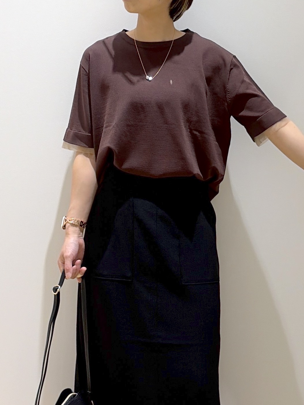 えりさんの「OPAQUE.CLIP｜【UV／接触冷感／抗ピル】シアー＆レイヤード風さらりニット《洗濯機OK》」を使ったコーディネート