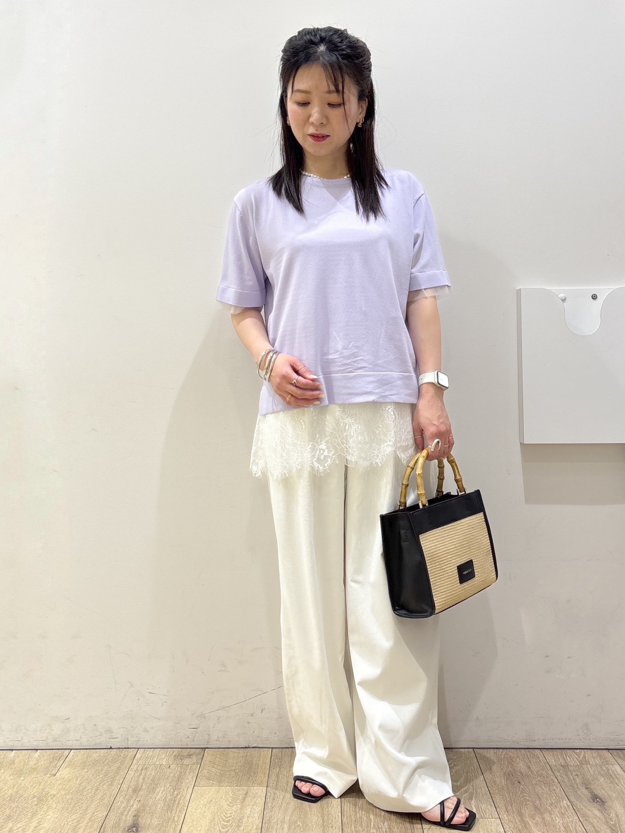 mameさんの「index｜【UV／接触冷感／抗ピル】シアー＆レイヤード風さらりニット《洗濯機OK》」を使ったコーディネート