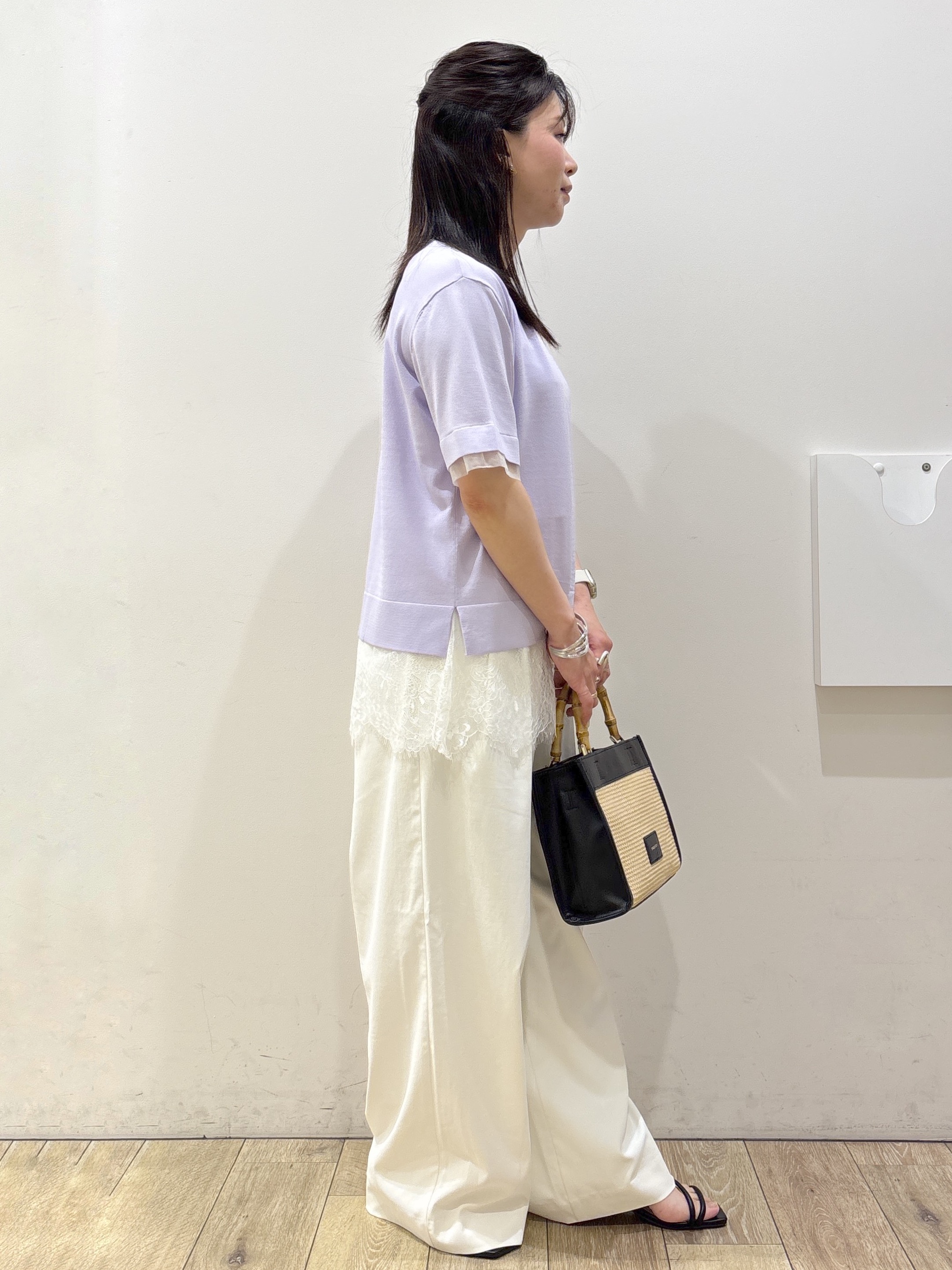 mameさんの「index｜【UV／接触冷感／抗ピル】シアー＆レイヤード風さらりニット《洗濯機OK》」を使ったコーディネート
