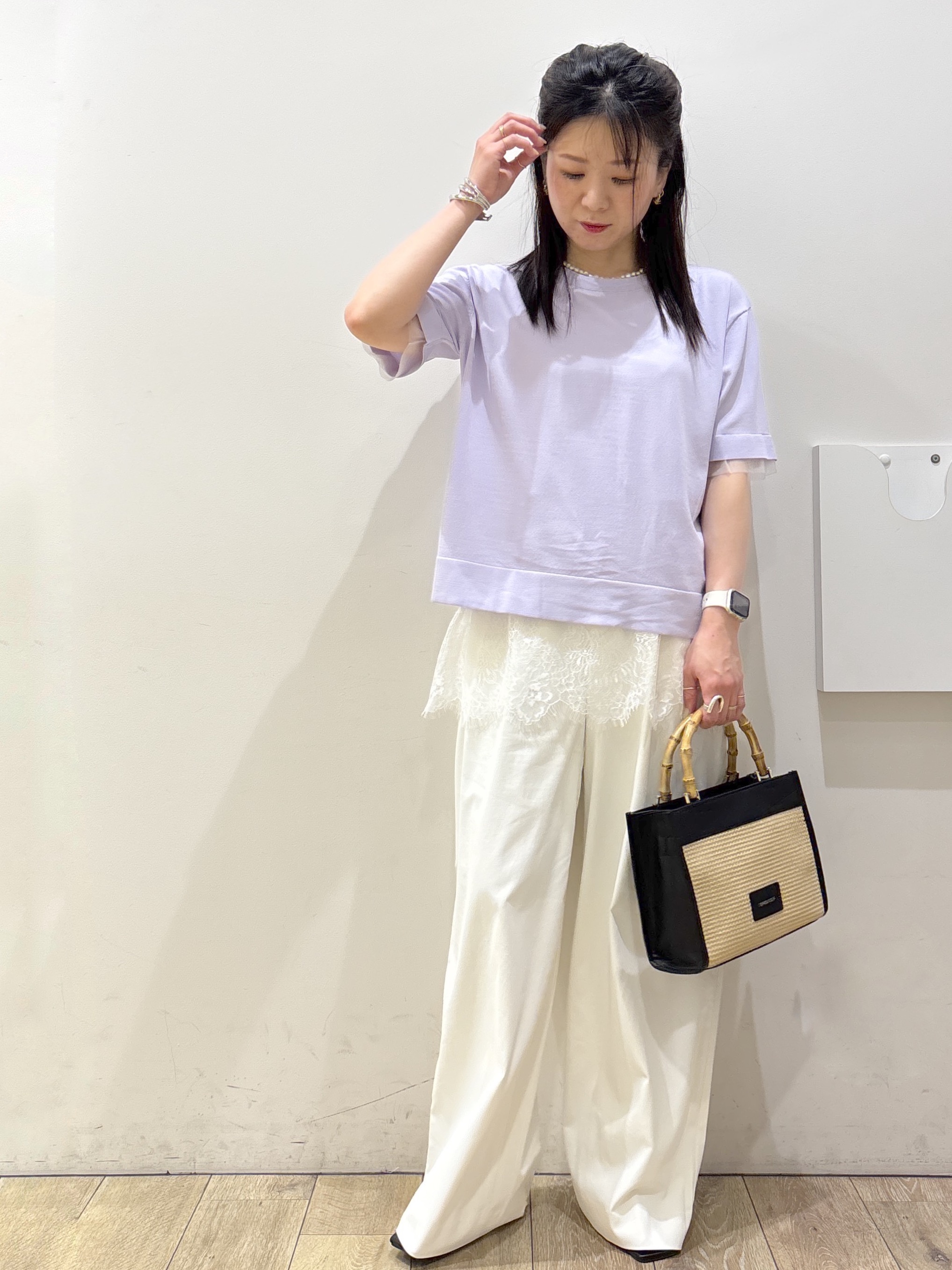 mameさんの「index｜【UV／接触冷感／抗ピル】シアー＆レイヤード風さらりニット《洗濯機OK》」を使ったコーディネート