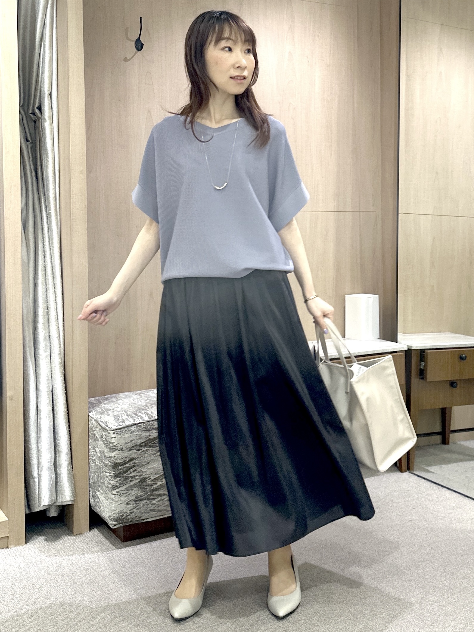 Miwaさんの「UNTITLED｜【11色展開/体型カバー】前後2WAYフレンチスリーブニット」を使ったコーディネート