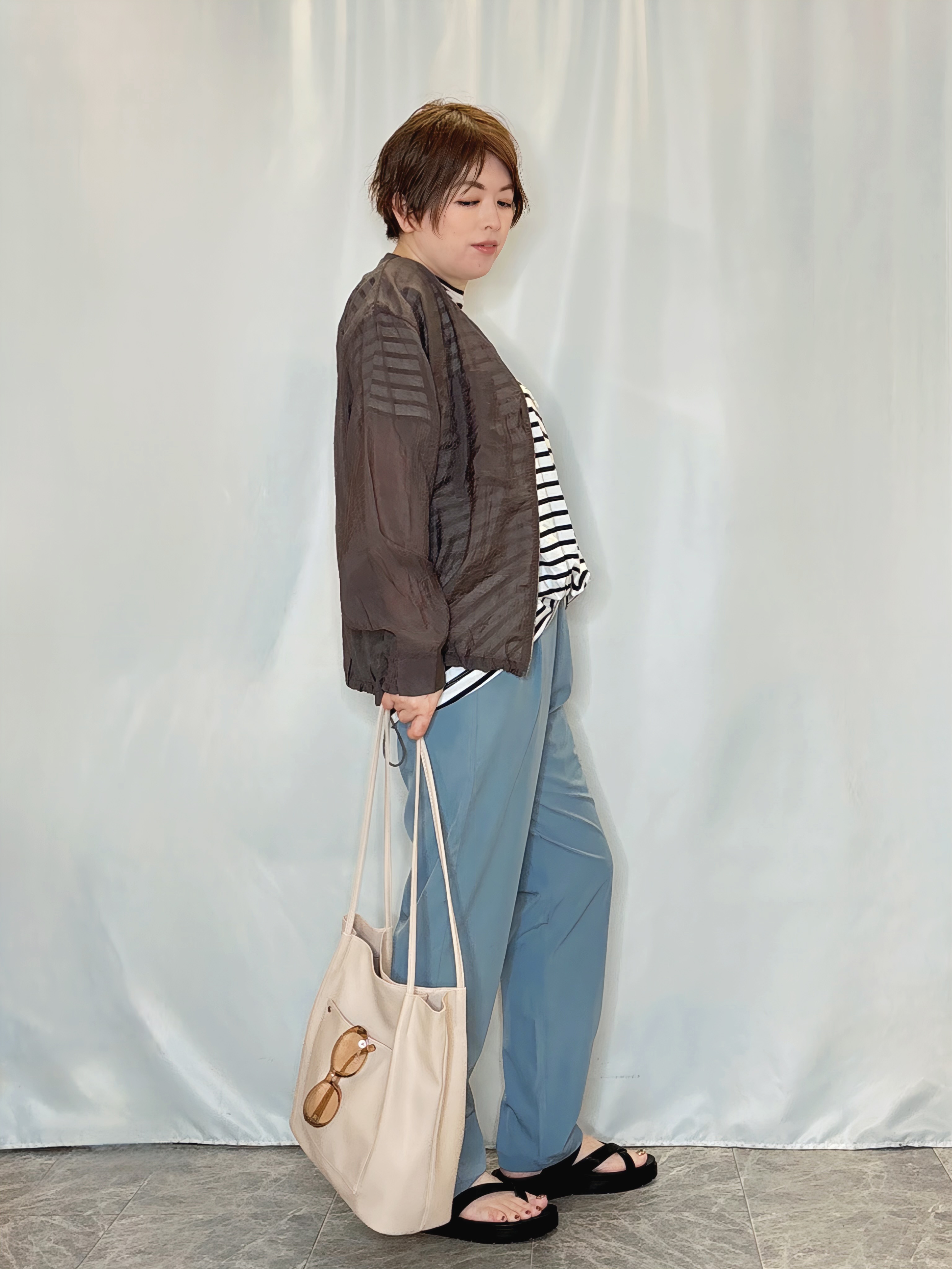 たみさんの「SHOO･LA･RUE｜【S-LL/洗濯機可】1枚持っておくと安心 程よい透け感のシアーリブブルゾン」を使ったコーディネート