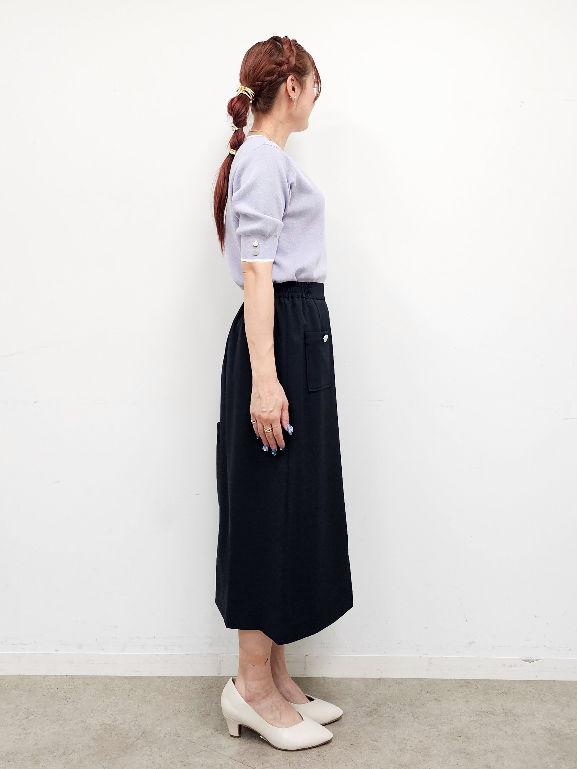 ゆゆさんの「SHOO･LA･RUE｜【洗濯機可/UV/5分袖】ハートネックでお顔周りすっきり バイカラーニット」を使ったコーディネート
