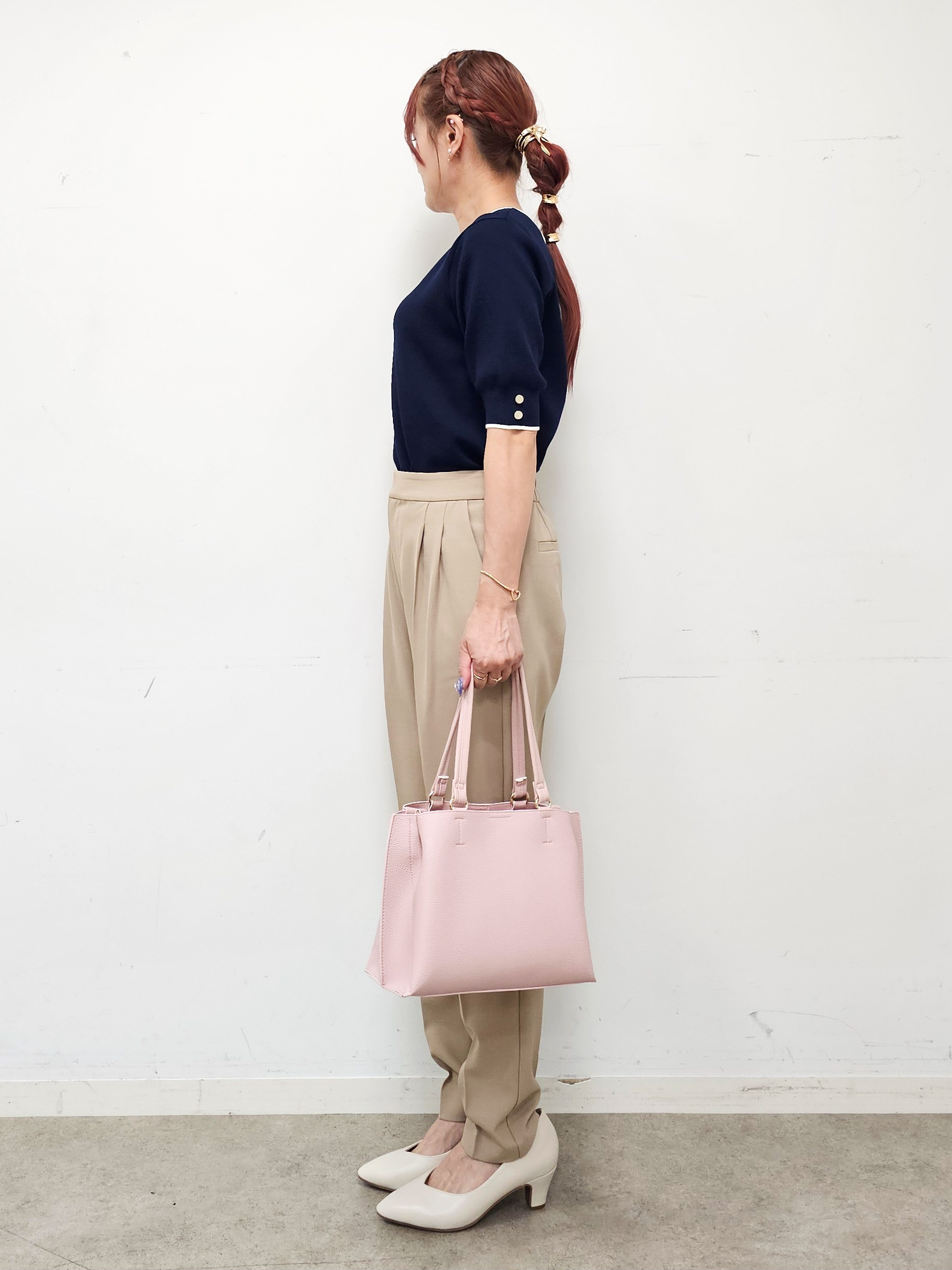 ゆゆさんの「SHOO･LA･RUE｜【洗濯機可/UV/5分袖】ハートネックでお顔周りすっきり バイカラーニット」を使ったコーディネート