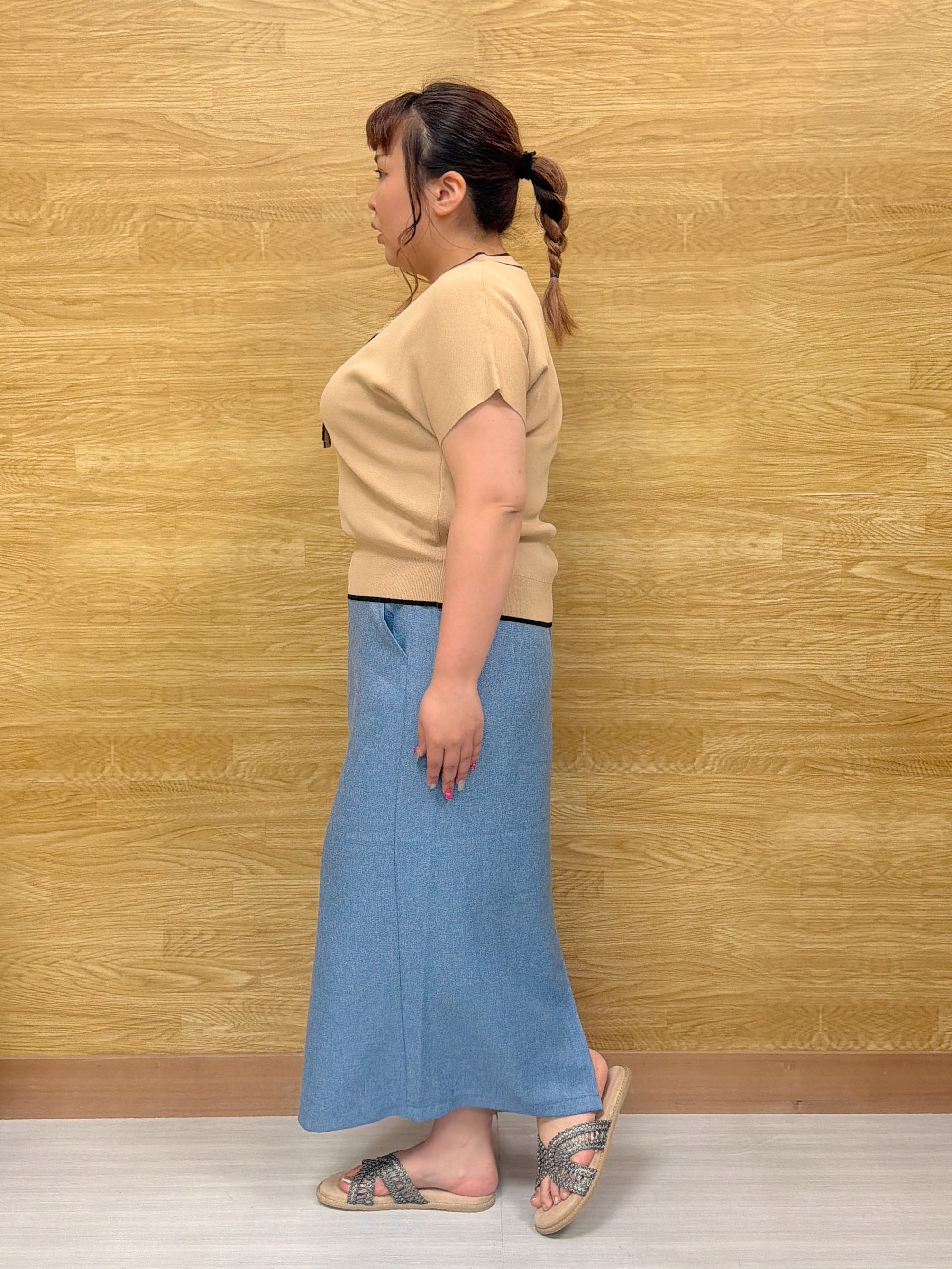 ぁむさんの「SHOO･LA･RUE｜【毎日洗える/ひんやり/UV/S-LL】 毛玉になりにくい配色ボウタイ半袖ニット」を使ったコーディネート