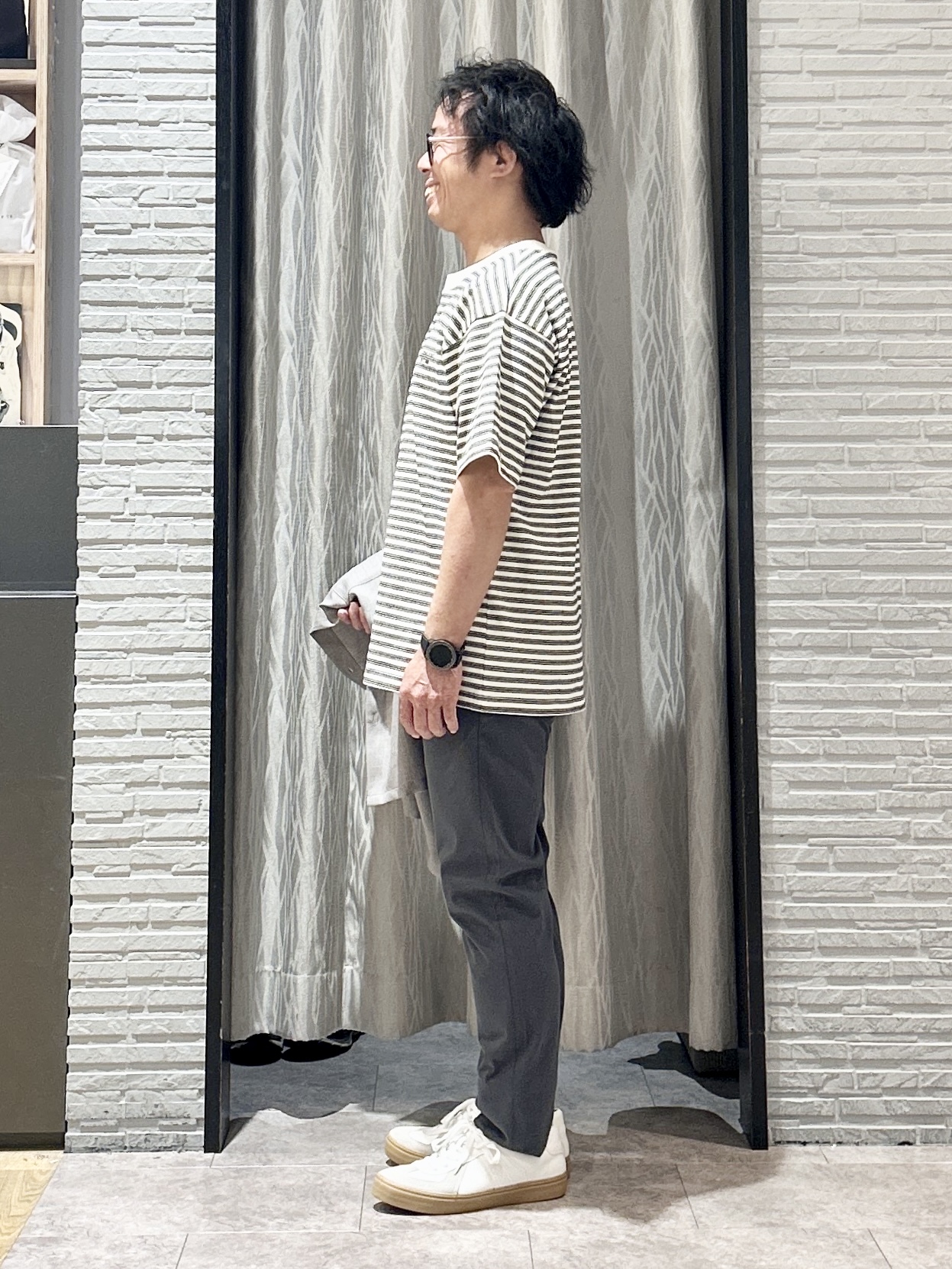 KENJI Iさんの「THE SHOP TK｜COOLボーダー 半袖Tシャツ 接触冷感／洗濯機OK」を使ったコーディネート