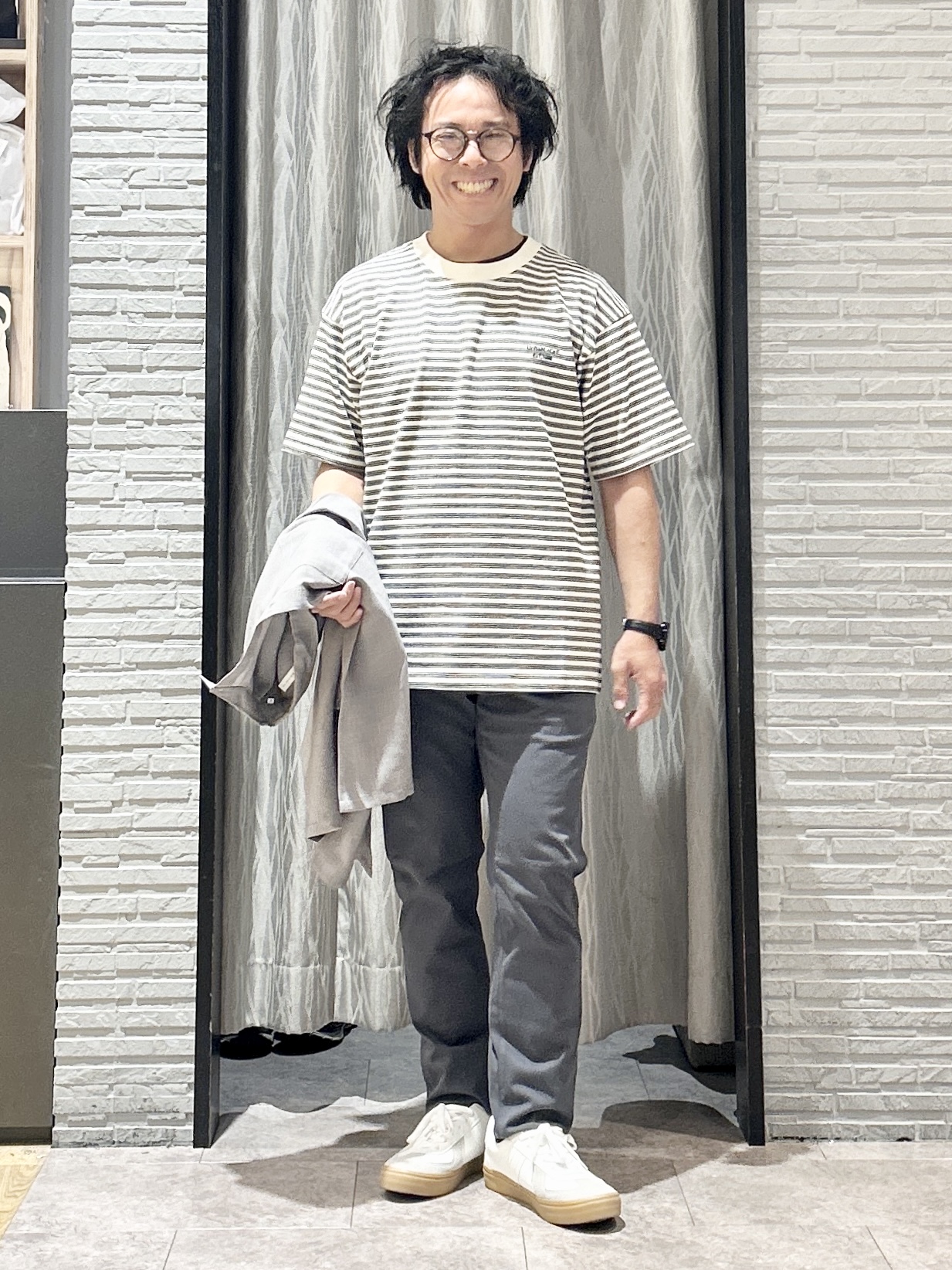 KENJI Iさんの「THE SHOP TK｜COOLボーダー 半袖Tシャツ 接触冷感／洗濯機OK」を使ったコーディネート