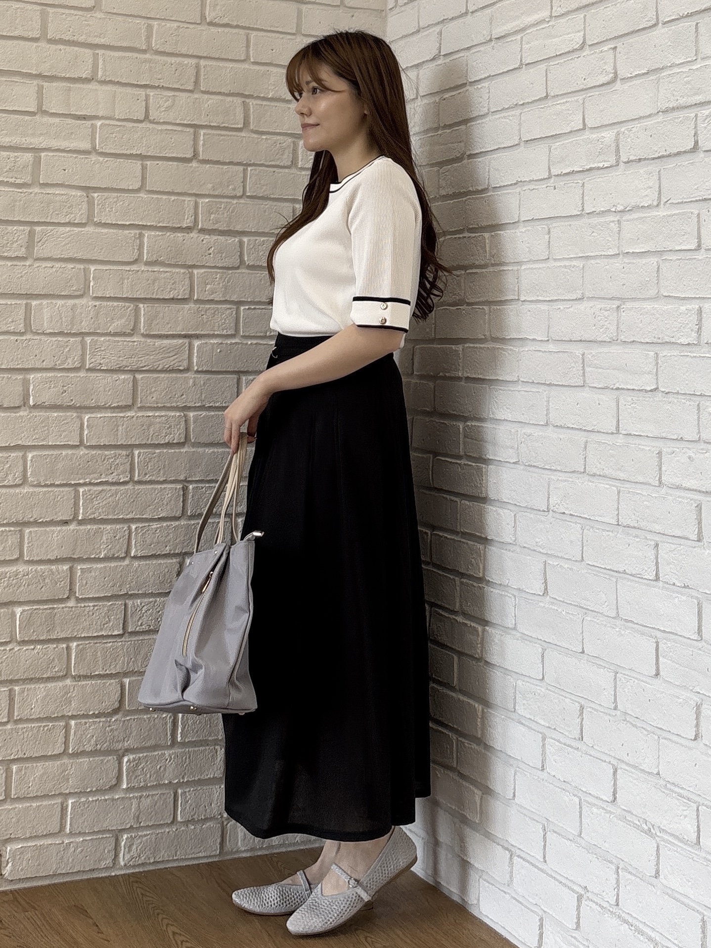 sayaさんの「grove｜【シリーズ累計36万枚/名品ニット】やわらかドライタッチ 袖メッシュ編みニット」を使ったコーディネート
