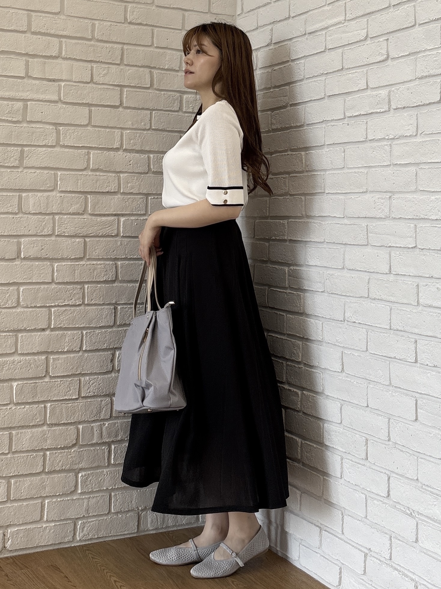 sayaさんの「grove｜【シリーズ累計36万枚/名品ニット】やわらかドライタッチ 袖メッシュ編みニット」を使ったコーディネート