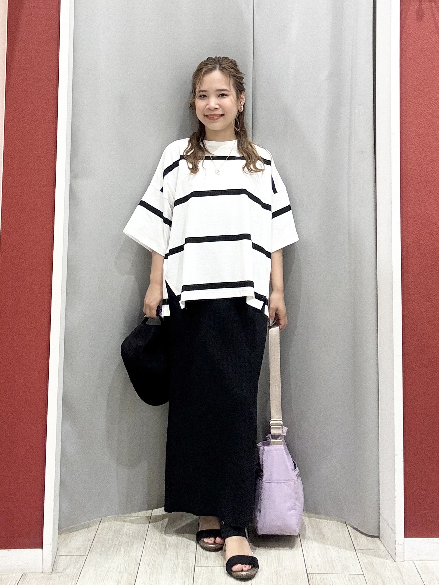shioさんの「SHOO･LA･RUE｜【ひんやり/S-LL】涼しげで爽やか 太ボーダー斜め切り替えTシャツ」を使ったコーディネート