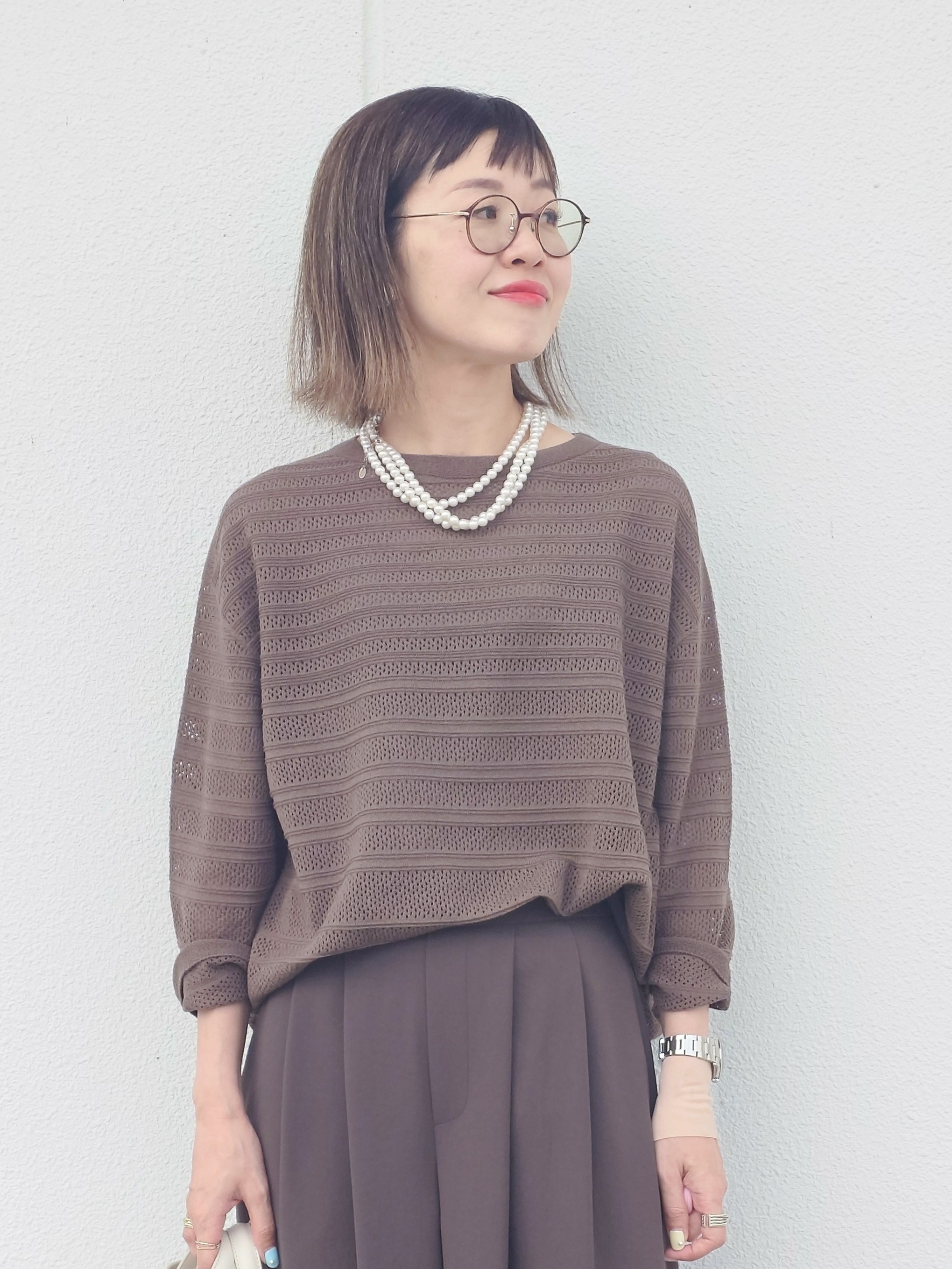 MUTSUKOさんの「UNTITLED｜メッシュ柄ボーダーニット」を使ったコーディネート