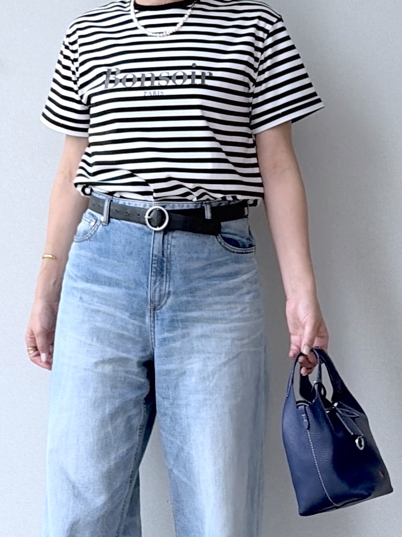 yoshikadoさんの「DRESSTERIOR｜【接触冷感／抗菌防臭／消臭】アイスクリアコットンBonsoirロゴボーダーTシャツ」を使ったコーディネート
