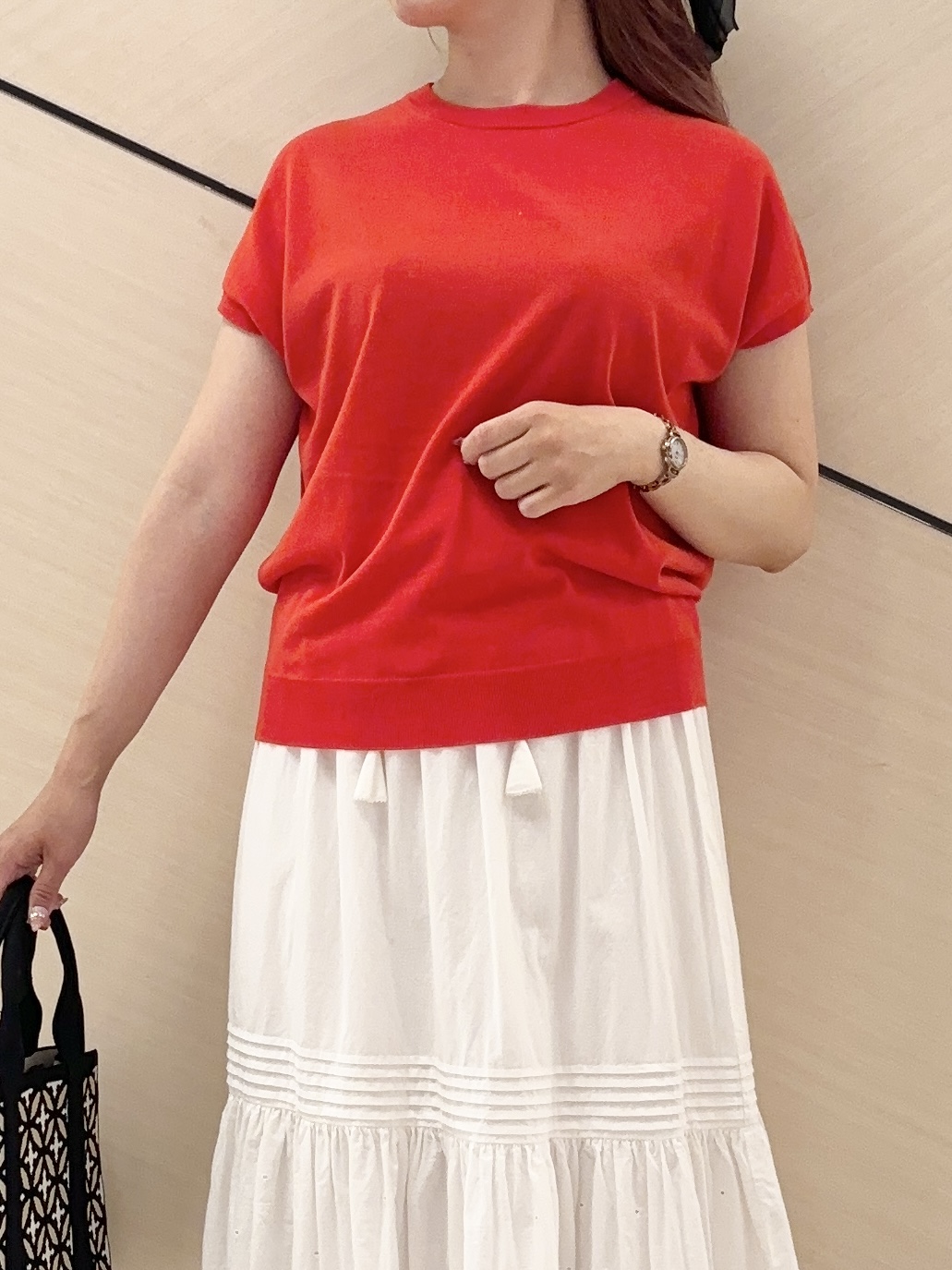 Rinaさんの「DRESSTERIOR｜オーバーラップスモールニットトート」を使ったコーディネート