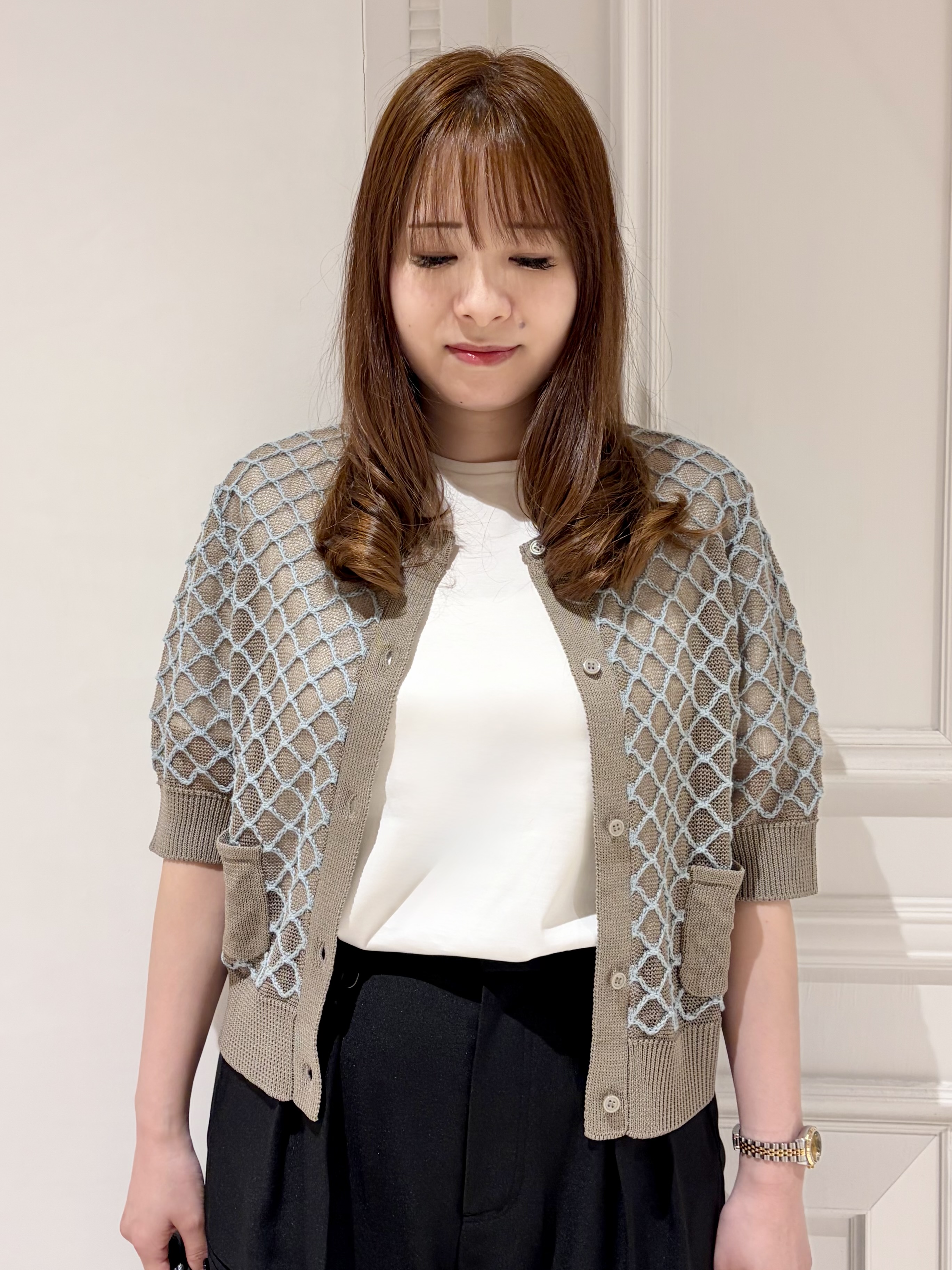 minowaさんの「DRESSTERIOR｜【ウォッシャブル】フィッシュネットニットシャツカーディガン」を使ったコーディネート