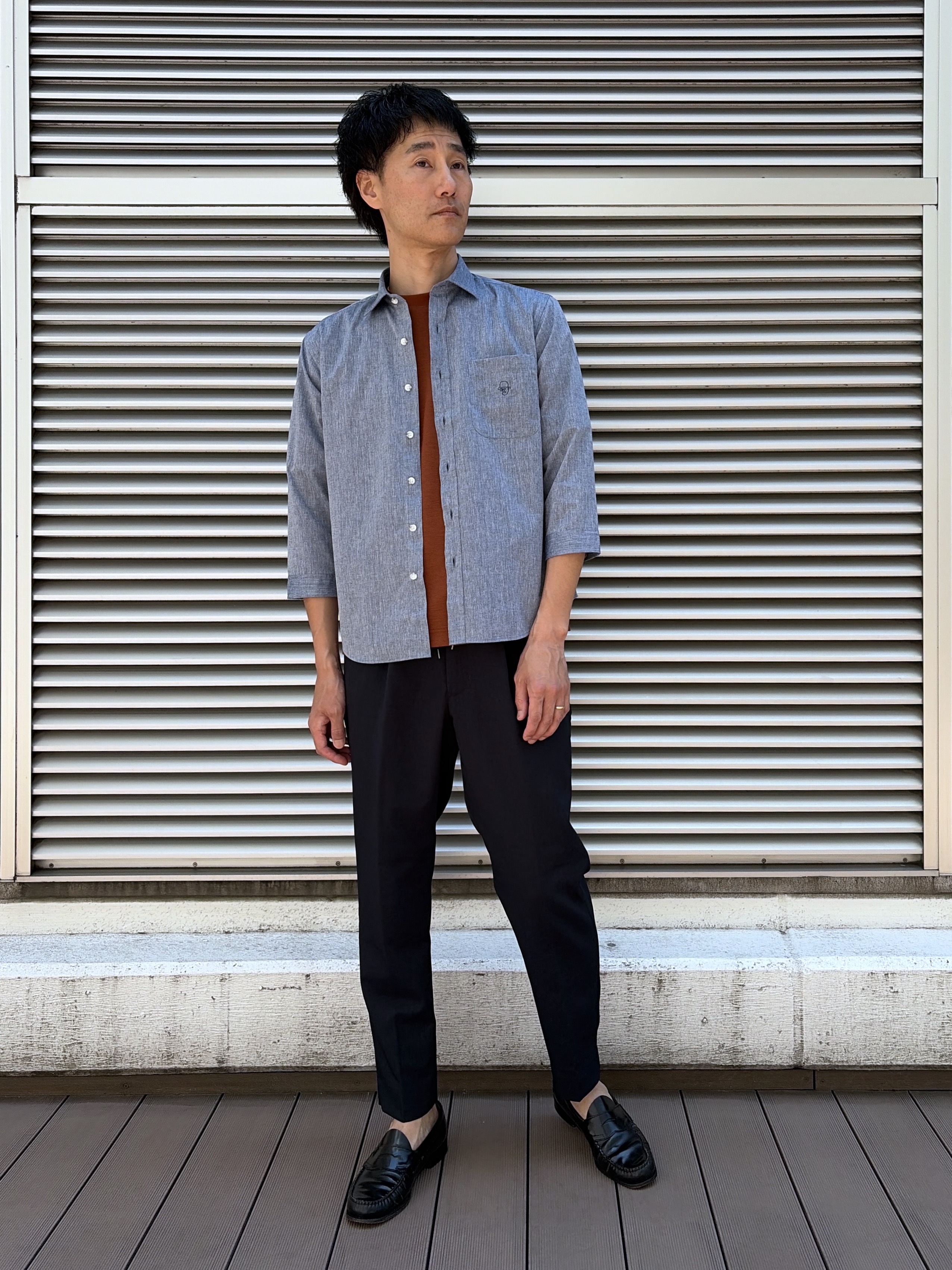 mutoさんの「TAKEO KIKUCHI｜【接触冷感】ハイブリッド リネン 七分袖シャツ」を使ったコーディネート