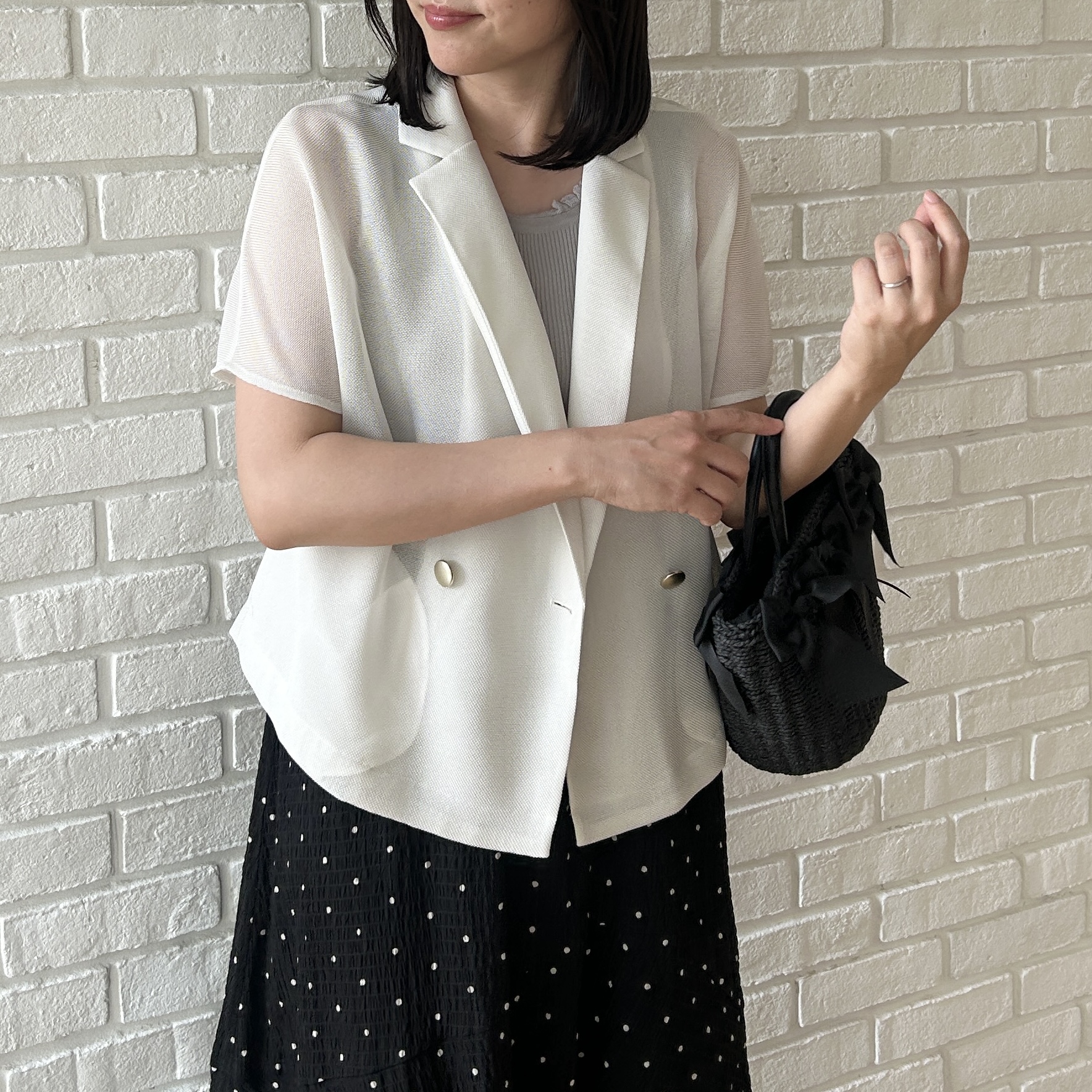 shinoさんの「Couture brooch｜【洗える】メッシュ調 半袖ジャケット」を使ったコーディネート