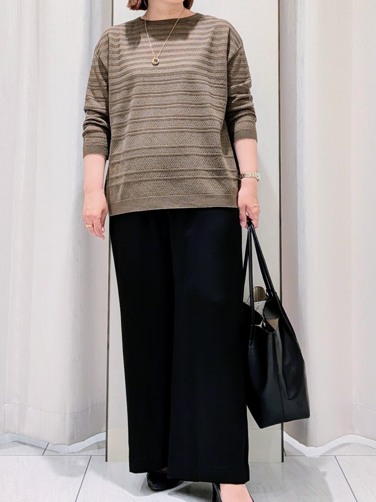 Onumaさんの「UNTITLED｜メッシュ柄ボーダーニット」を使ったコーディネート