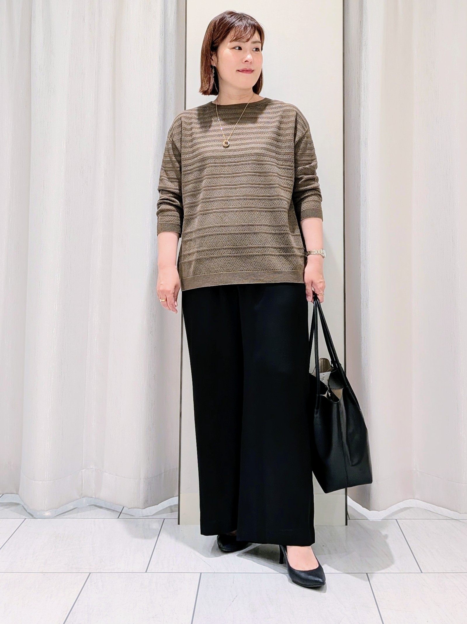 Onumaさんの「UNTITLED｜メッシュ柄ボーダーニット」を使ったコーディネート
