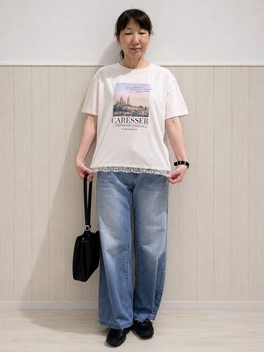 まつみさんの「SHOO･LA･RUE｜【ひんやり】夏でも快適 ライトオンスデニムワイドパンツ」を使ったコーディネート
