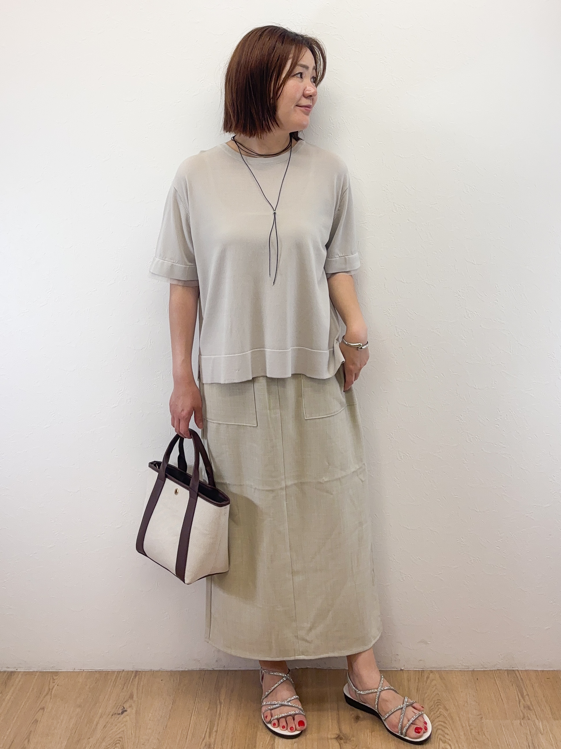 Takeさんの「OPAQUE.CLIP｜【UV／接触冷感／抗ピル】シアー＆レイヤード風さらりニット《洗濯機OK》」を使ったコーディネート