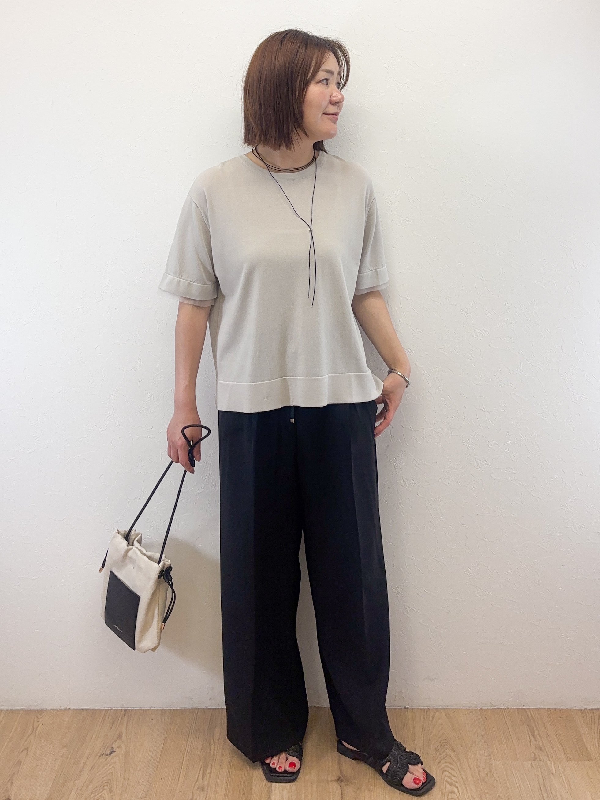 Takeさんの「OPAQUE.CLIP｜【UV／接触冷感／抗ピル】シアー＆レイヤード風さらりニット《洗濯機OK》」を使ったコーディネート