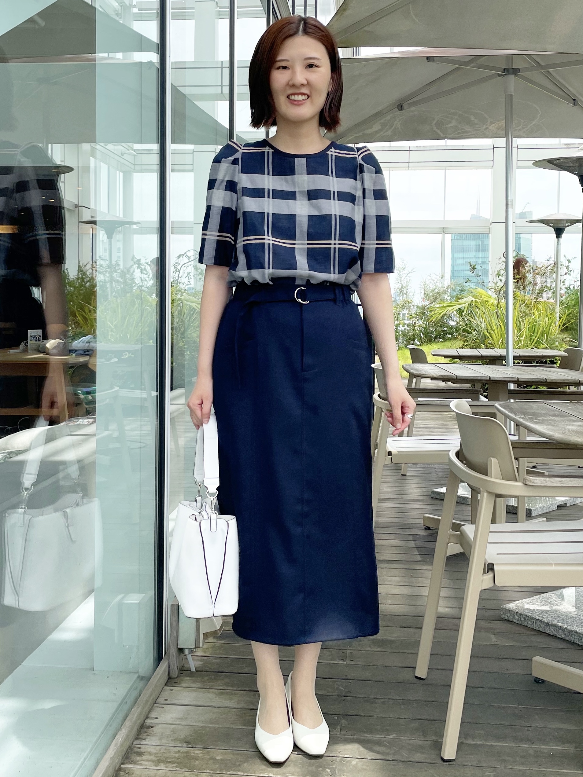 あやたかさんの「Reflect｜【セットアップ／手洗い可】チェック柄パフスリーブブラウス」を使ったコーディネート
