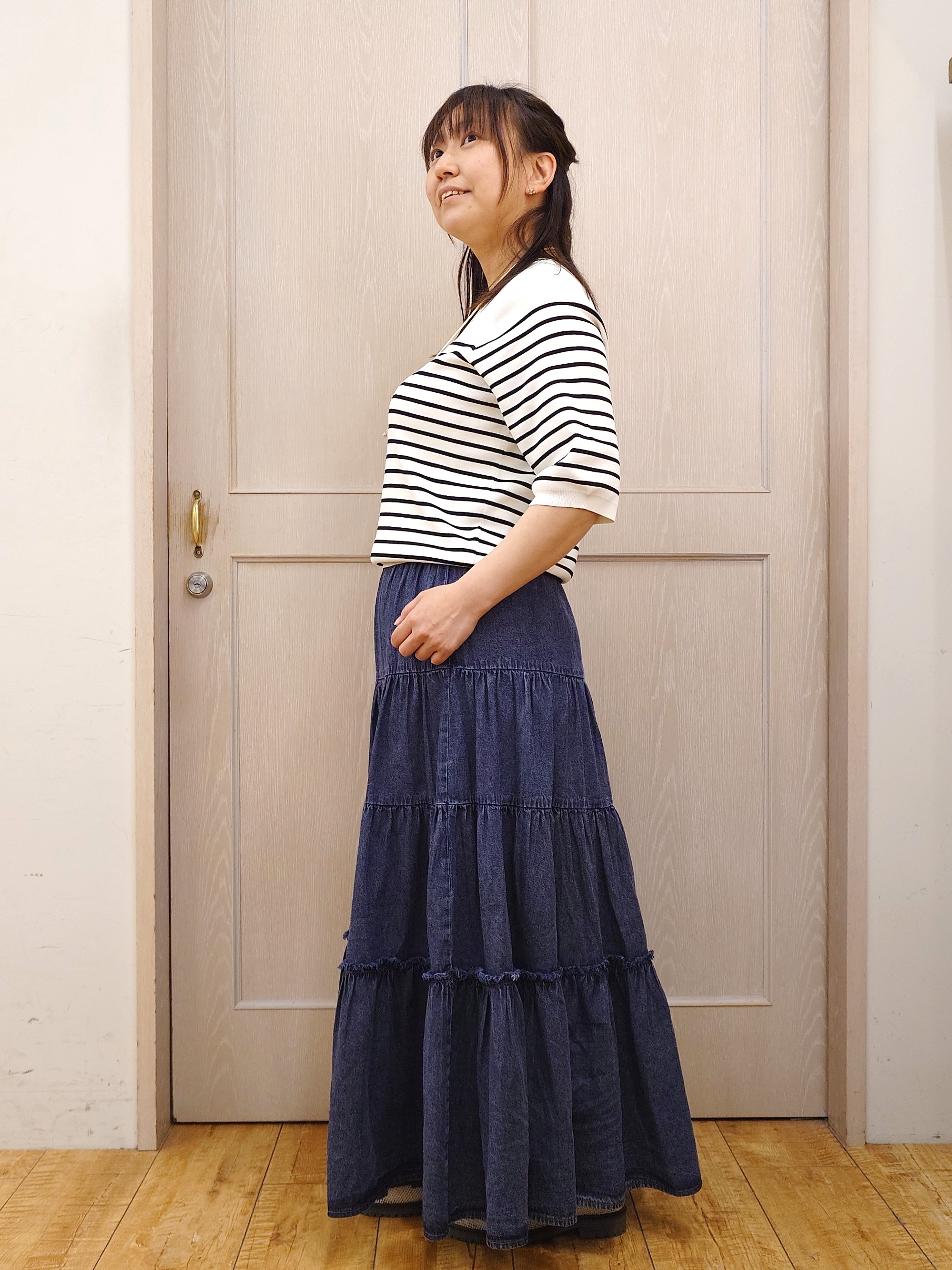 とろろさんの「SHOO･LA･RUE｜【毎日洗える/S-LL/ひんやり/UV】上半身すっきり 二の腕見せない5分袖ニット」を使ったコーディネート