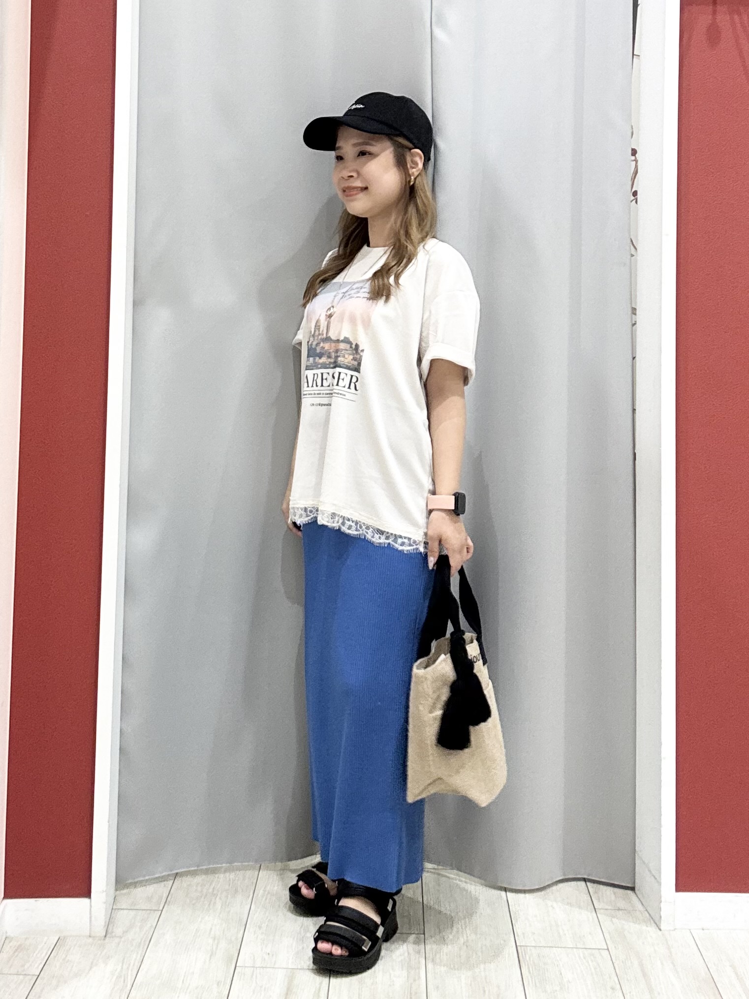 shioさんの「SHOO･LA･RUE｜【セルフカット可能/洗濯機可/S-LL】テレコナロースカート」を使ったコーディネート