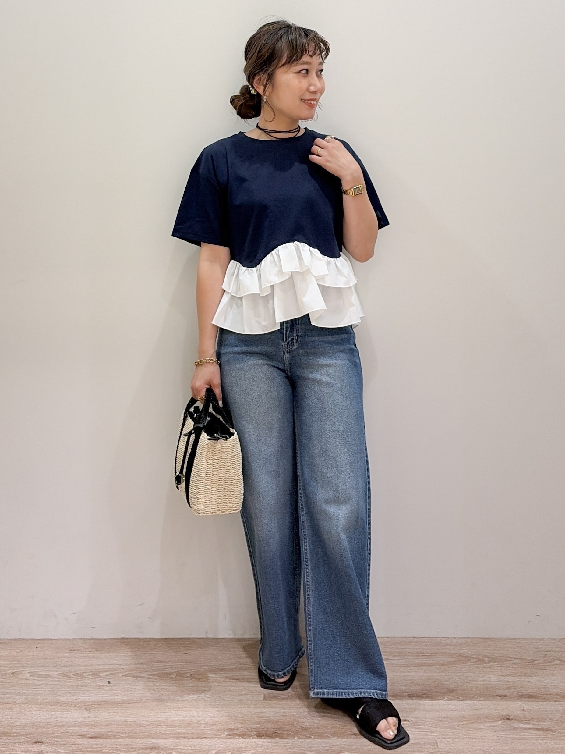 risayanさんの「OPAQUE.CLIP｜裾フリルドッキングTシャツ【洗濯機OK】」を使ったコーディネート