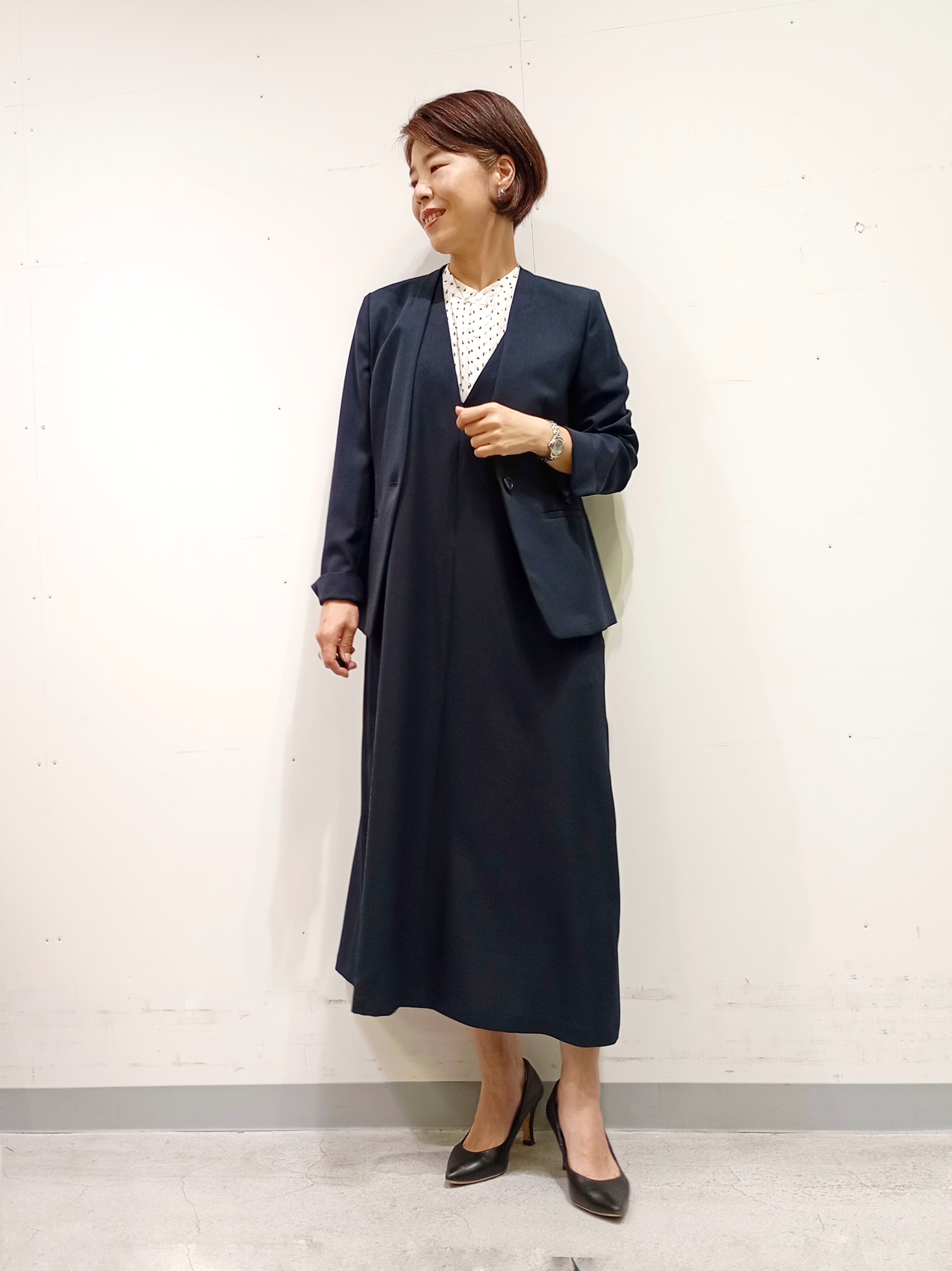 Kさんの「INDIVI｜【定番スーツ／UVケア／洗える】ウール調ノーカラージャケット」を使ったコーディネート