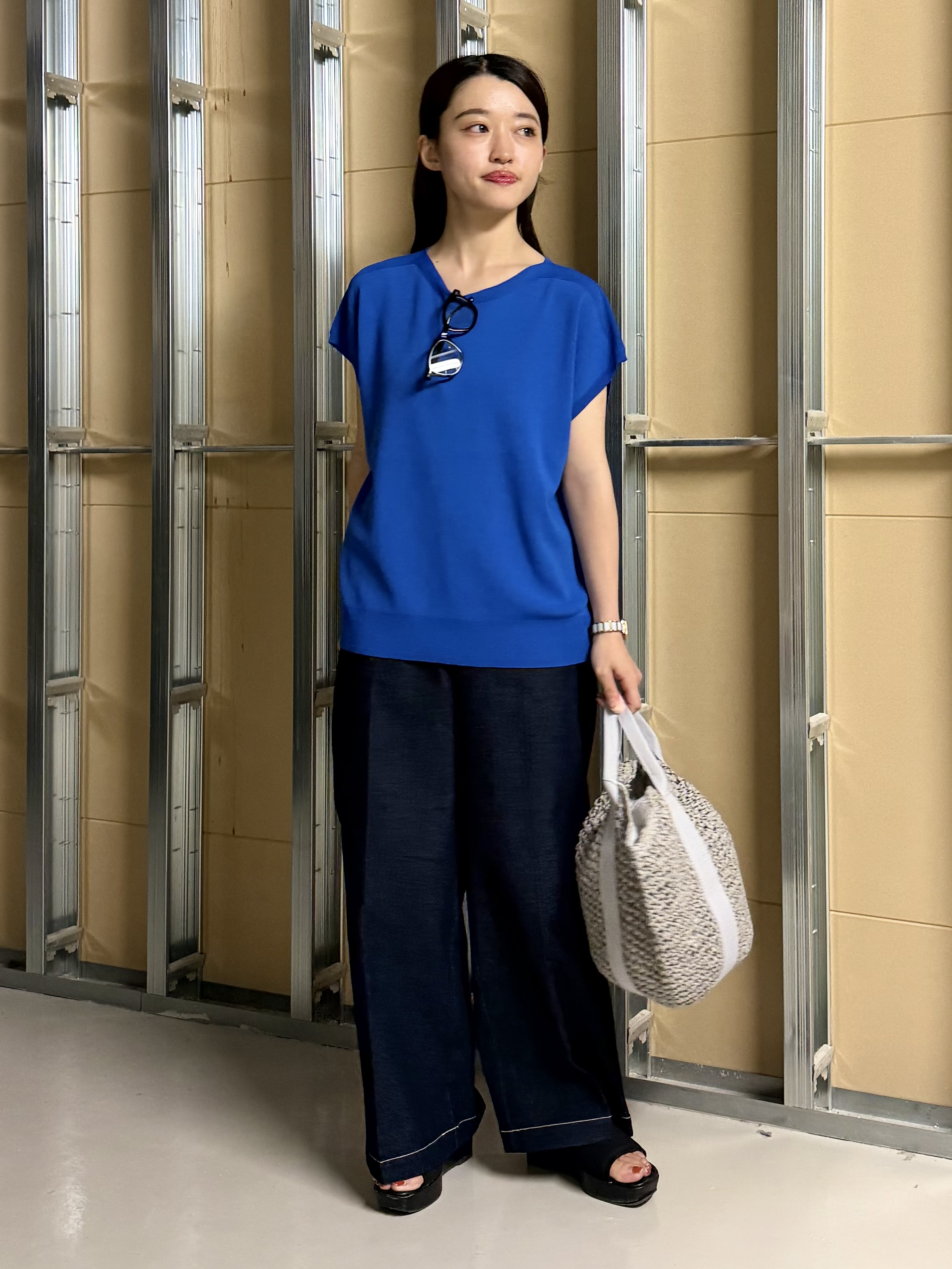 sahoさんの「THE SHOP TK｜【S-XL/ひんやりタッチ】多機能フレンチスリーブニット 洗濯機OK/UVケア/毛玉になりにくい」を使ったコーディネート