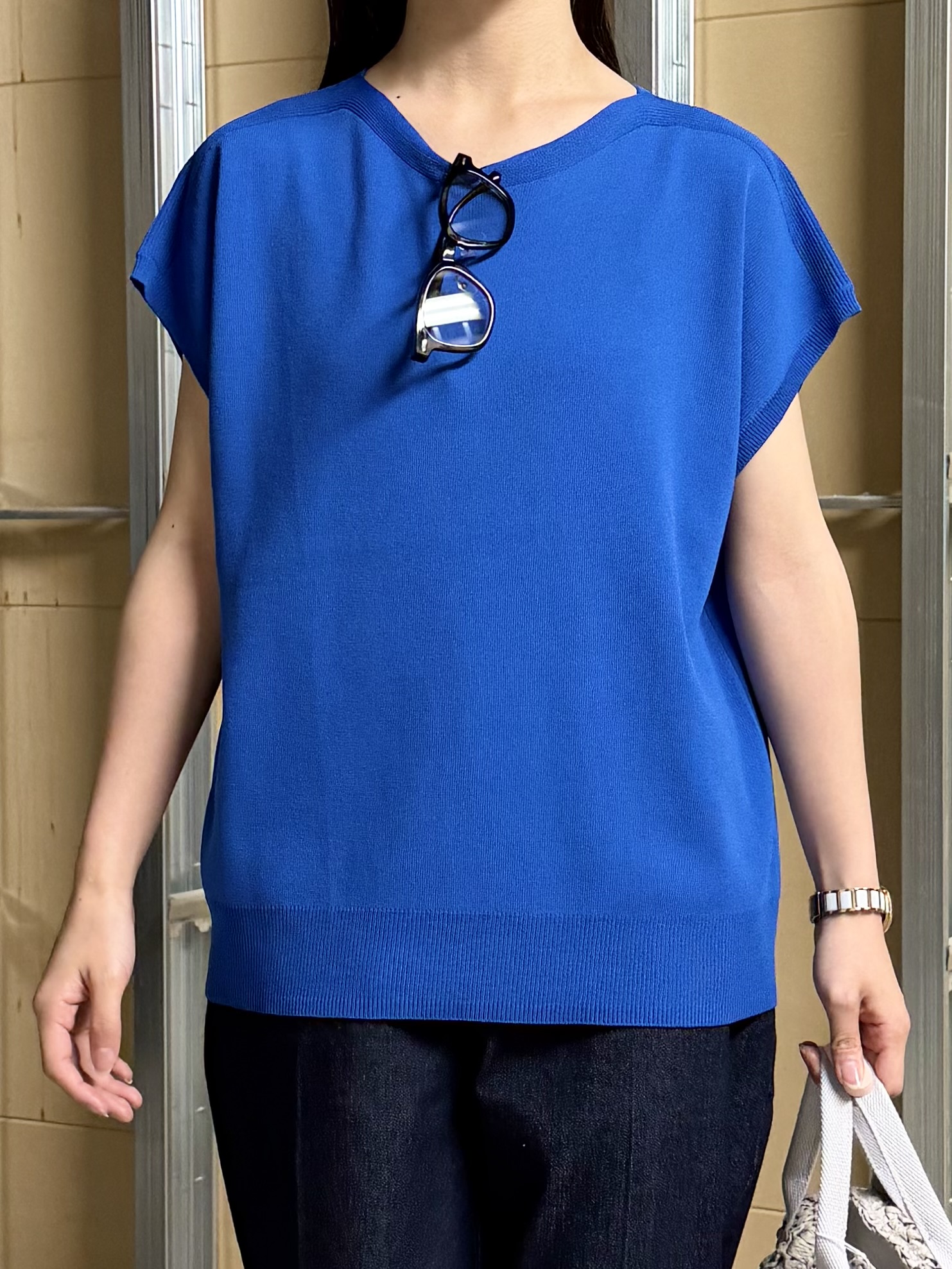 sahoさんの「THE SHOP TK｜【S-XL/ひんやりタッチ】多機能フレンチスリーブニット 洗濯機OK/UVケア/毛玉になりにくい」を使ったコーディネート