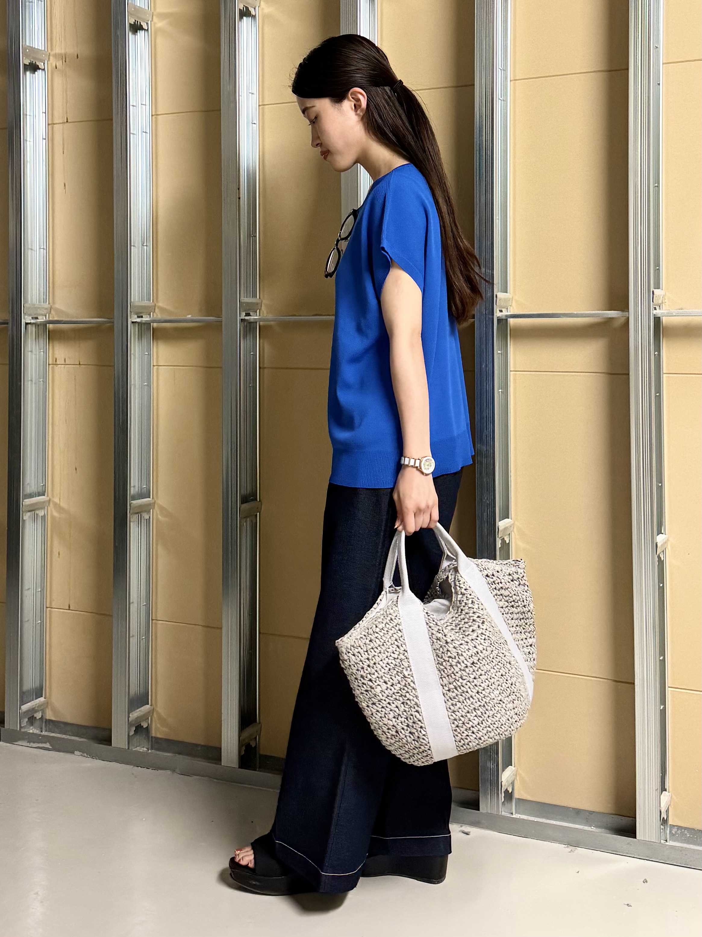 sahoさんの「THE SHOP TK｜【S-XL/ひんやりタッチ】多機能フレンチスリーブニット 洗濯機OK/UVケア/毛玉になりにくい」を使ったコーディネート