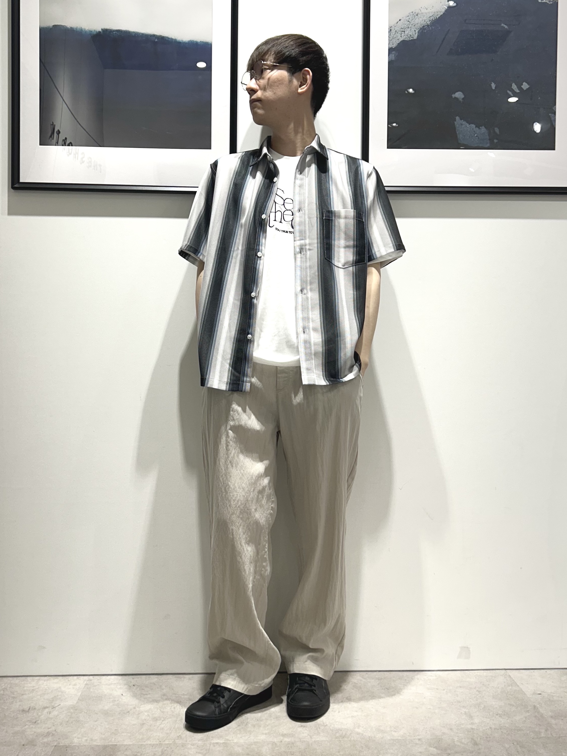 。さんの「THE SHOP TK｜メッシュ ストライプ半袖シャツ 洗濯機OK／通気性◎」を使ったコーディネート