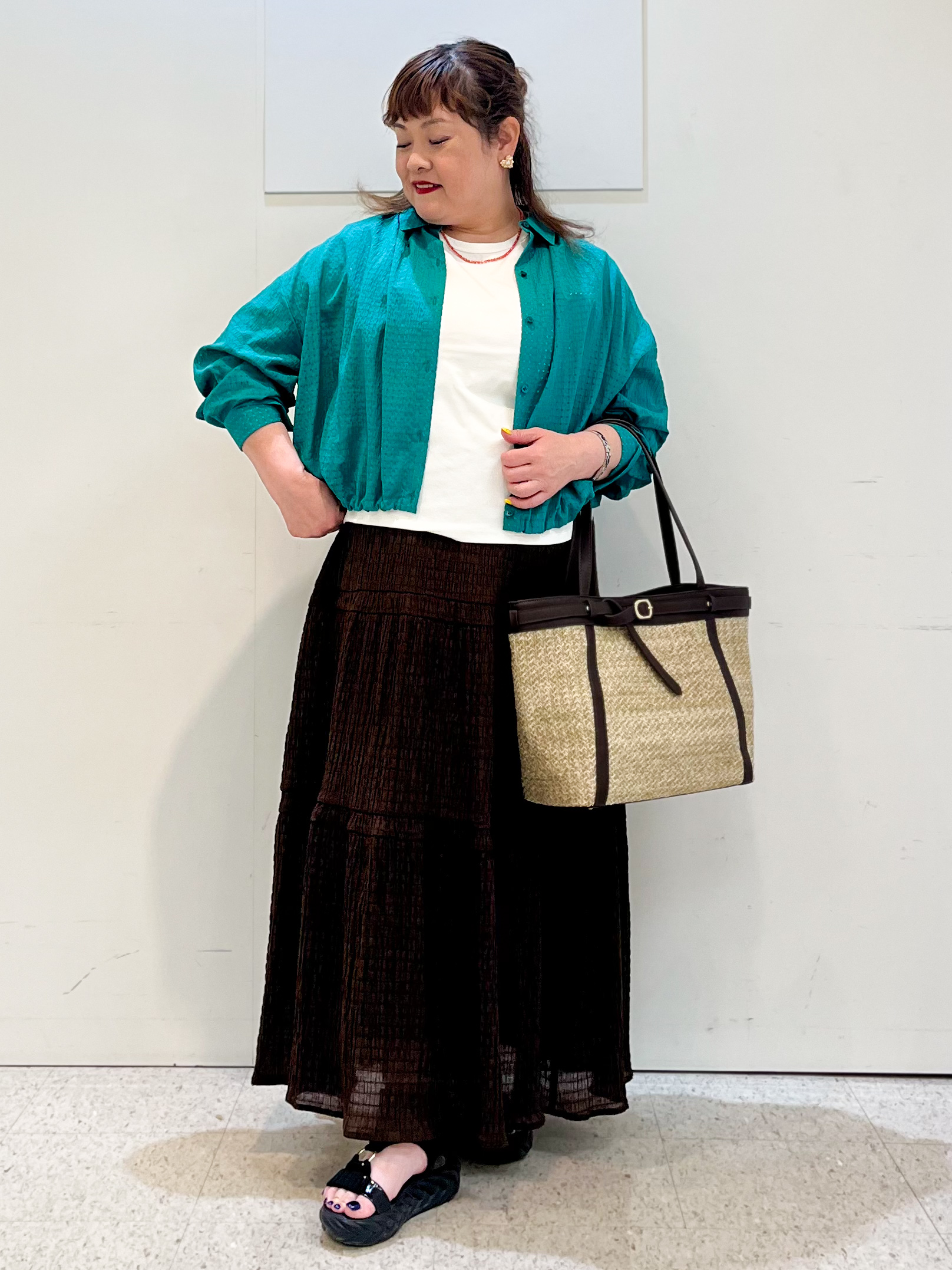 kimmyさんの「Reflect｜【選べる2柄／セットアップ可】シャツ衿シアーブラウス」を使ったコーディネート