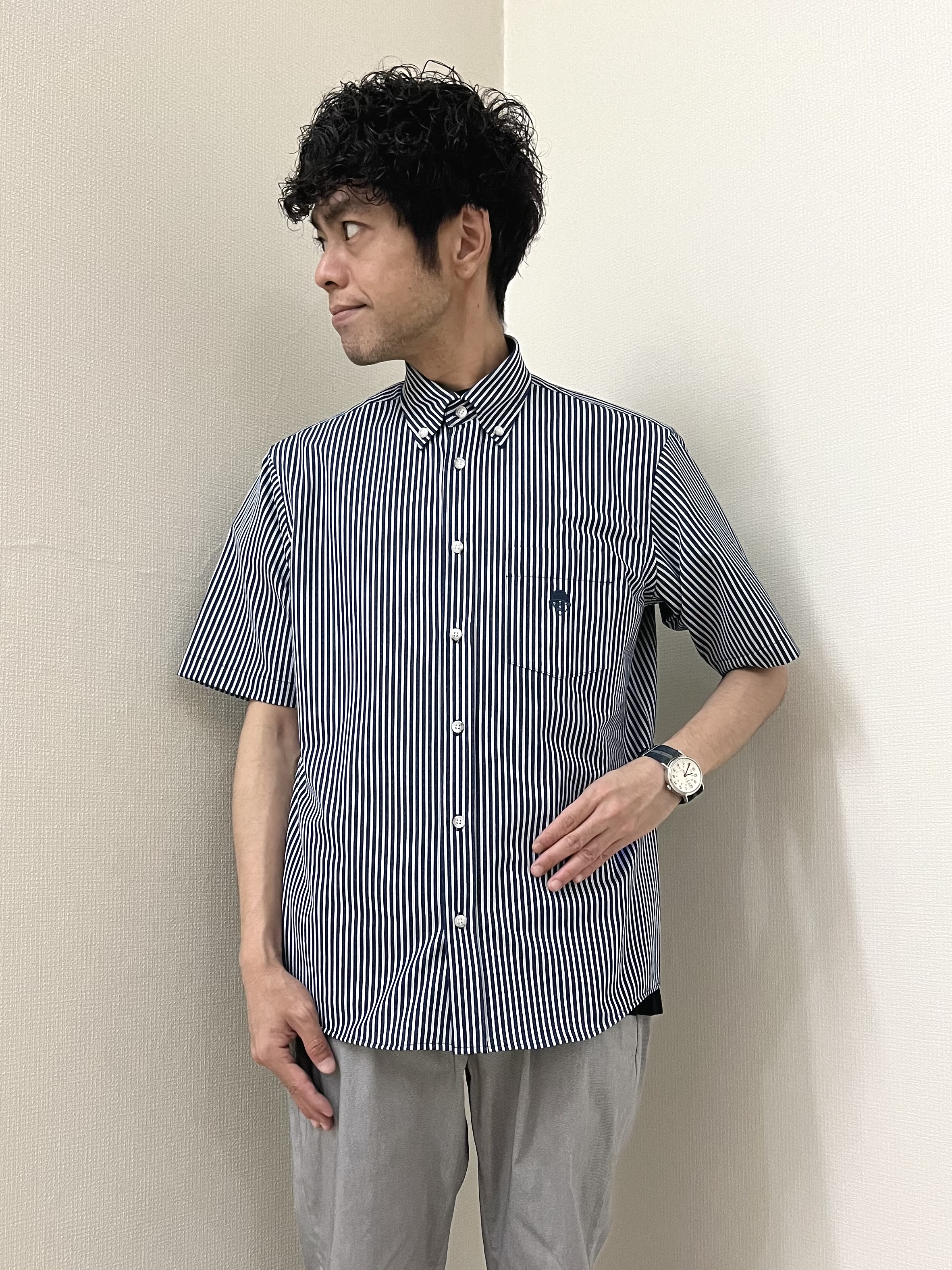 URAさんの「TAKEO KIKUCHI｜【接触冷感】ジャージストライプ シャツ」を使ったコーディネート
