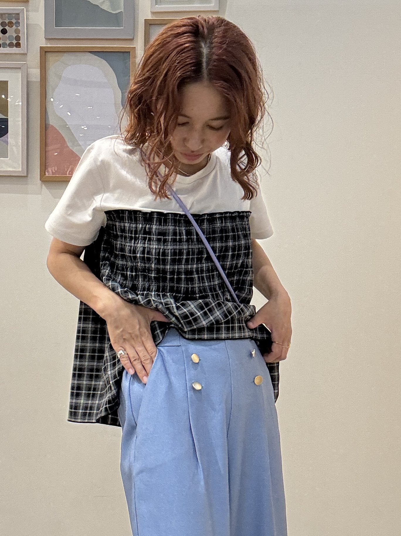 たけぴさんの「SHOO･LA･RUE｜【S-LL/洗濯機可】着るだけサマ見え 柄アソートビスチェ風ドッキングTシャツ」を使ったコーディネート
